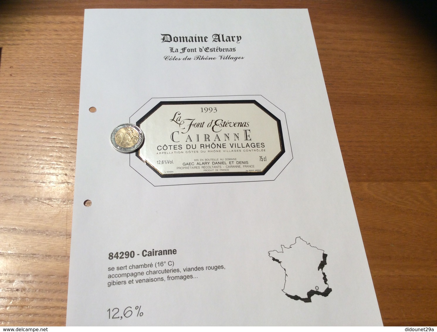 Etiquette Vin 1993 «CÔTES-DU-RHÔNE VILLAGES - CAIRANNE -GAEC ALARY DANIEL ET DENIS- La Front D’Estévenas (84)» - Côtes Du Rhône