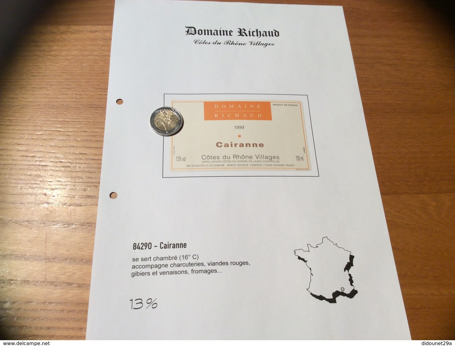 Etiquette Vin 1999 «CÔTES-DU-RHÔNE VILLAGES - CAIRANNE -DOMAINE RICHAUD - Marcel RICHARD - Cairanne (84)» - Côtes Du Rhône