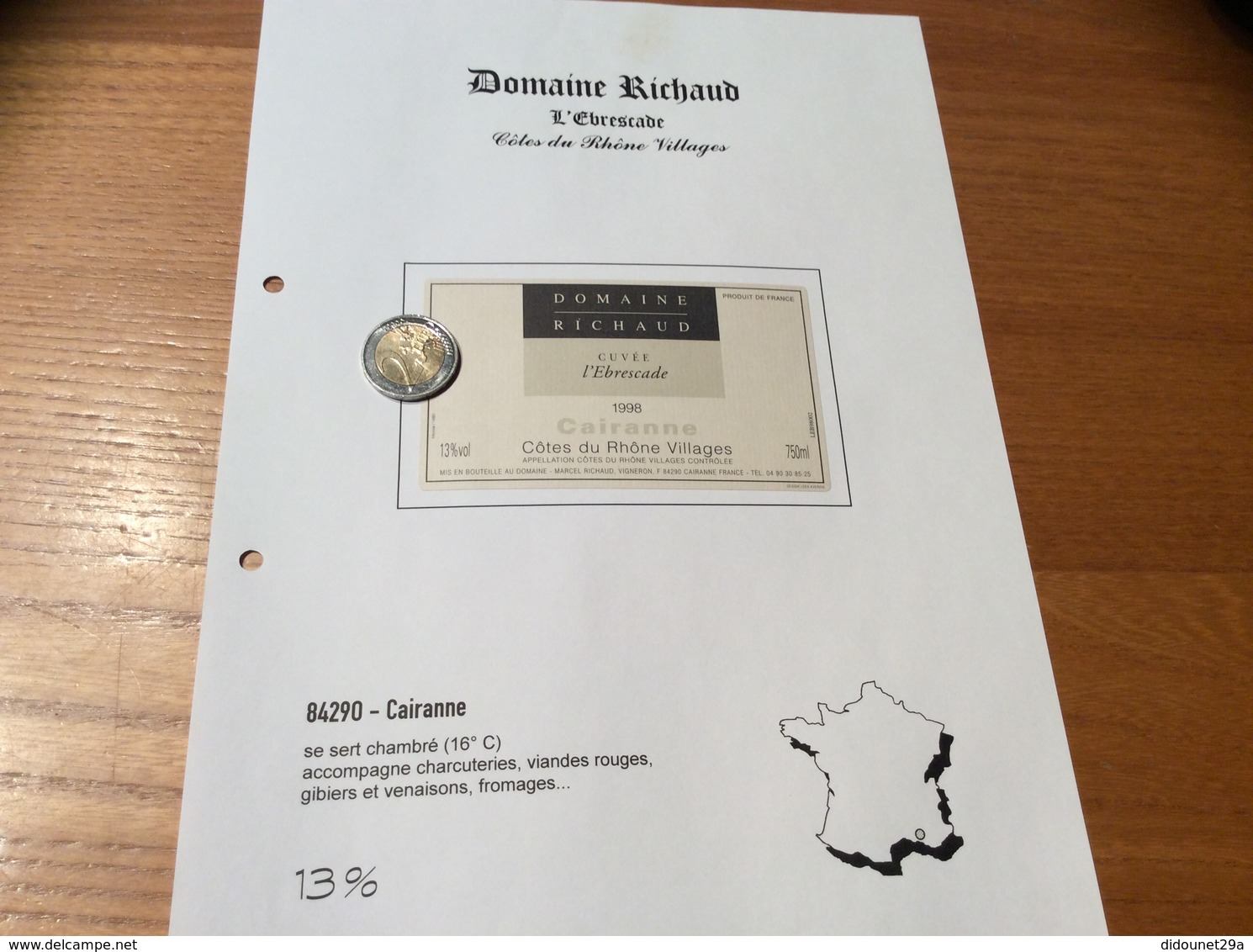 Etiquette Vin 1998 «CÔTES-DU-RHÔNE VILLAGES - CAIRANNE -DOMAINE RICHAUD - CUVÉE L’Ebrescade -M RICHARD - Cairanne (84)» - Côtes Du Rhône