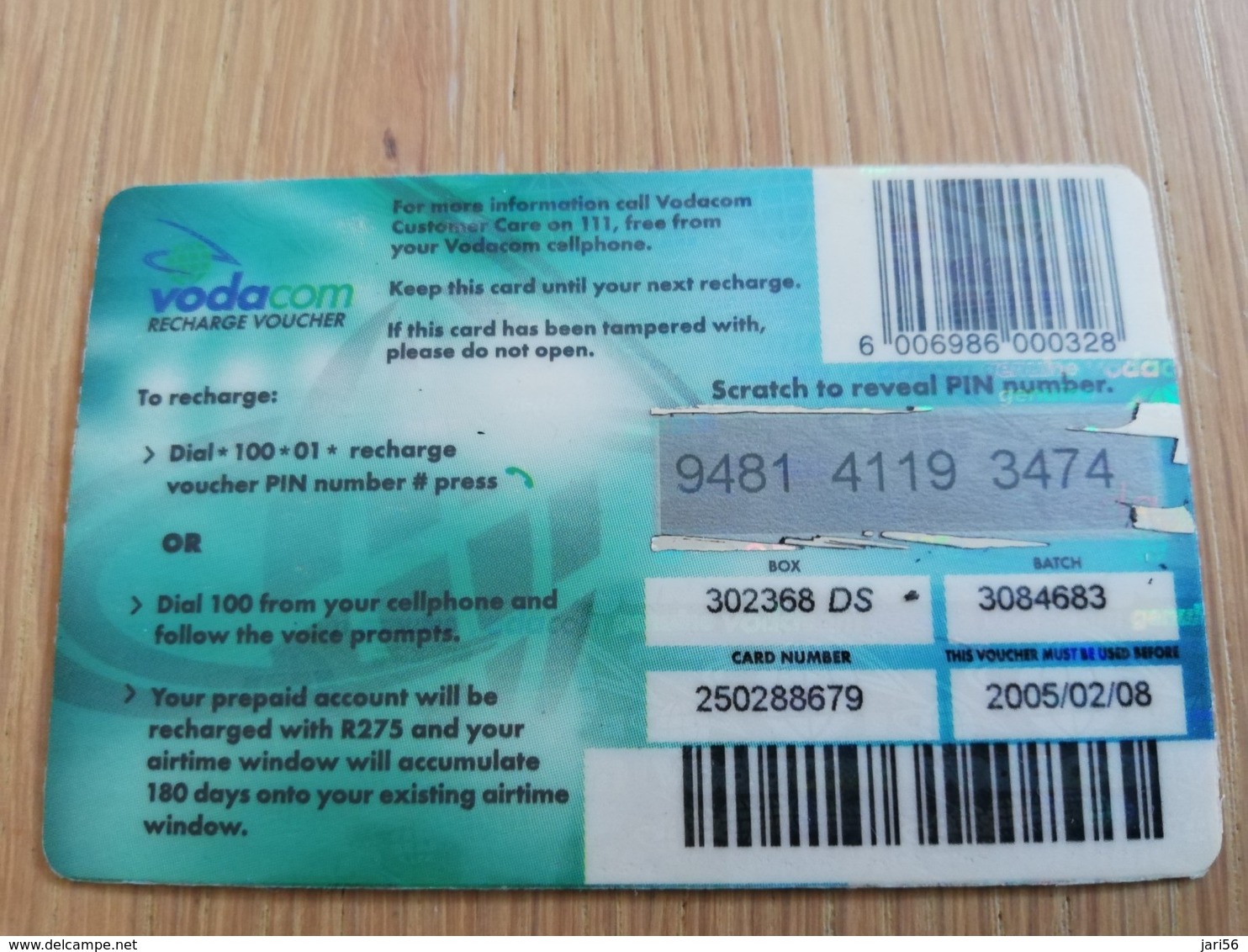 SOUTH AFRIKA  275 R   RECHARGE VOUCHER      1CARD Used **1324** - Sudafrica
