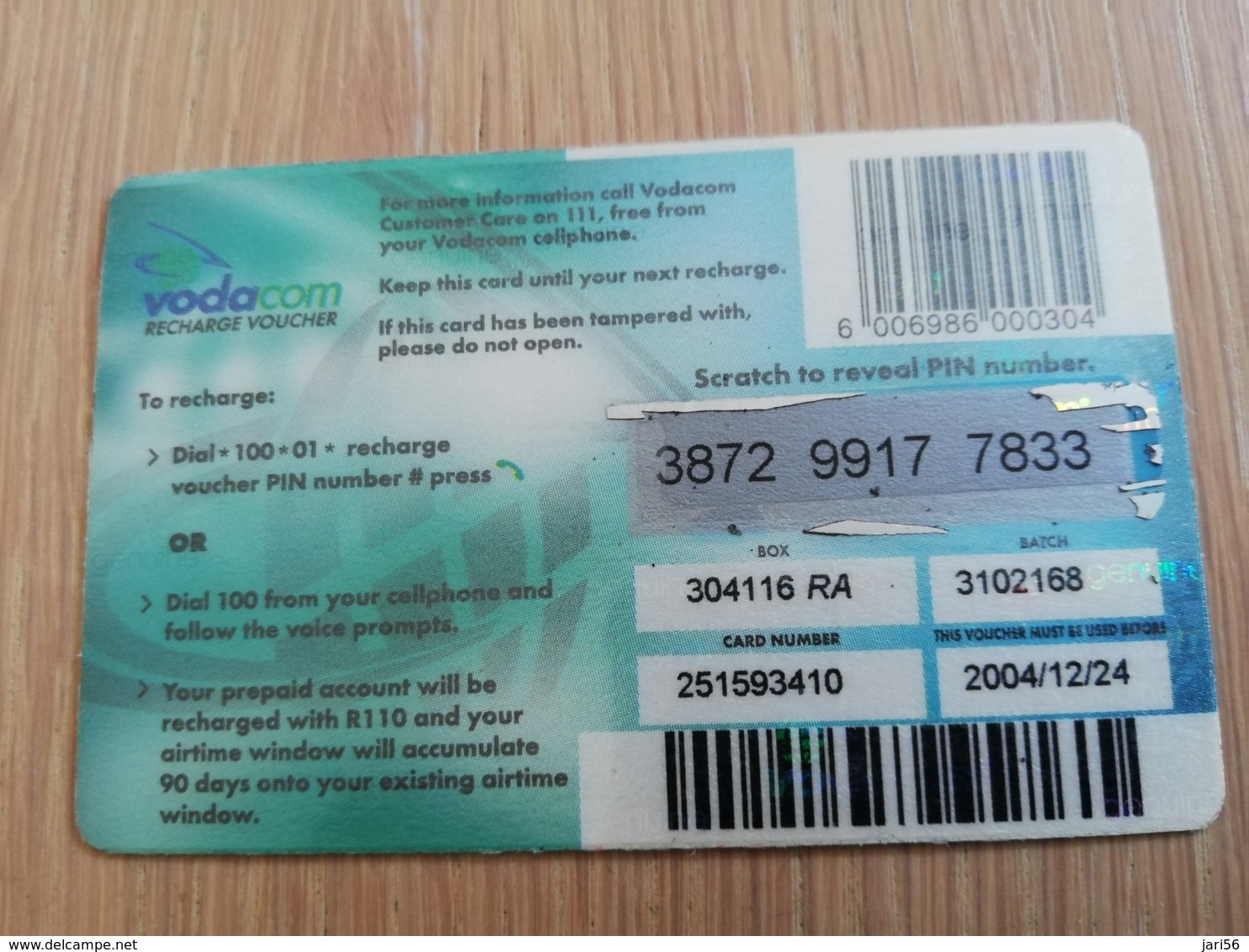 SOUTH AFRIKA  110 R   RECHARGE VOUCHER      1CARD Used **1325** - South Africa