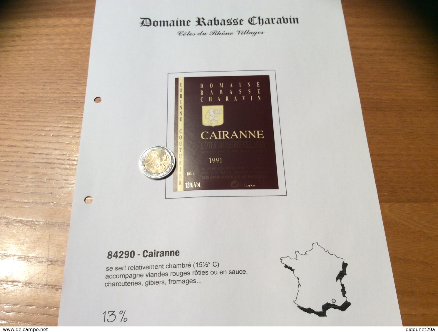 Etiquette Vin 1991 «CÔTES-DU-RHÔNE VILLAGES - CAIRANNE - DOMAINE RABASSE CHARAVIN - CORINNE COUTURIER - Cairanne (84)» - Côtes Du Rhône