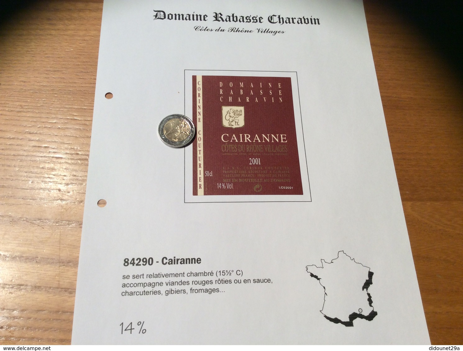 Etiquette Vin 2001 «CÔTES-DU-RHÔNE VILLAGES - CAIRANNE - DOMAINE RABASSE CHARAVIN - CORINNE COUTURIER - Cairanne (84)» - Côtes Du Rhône