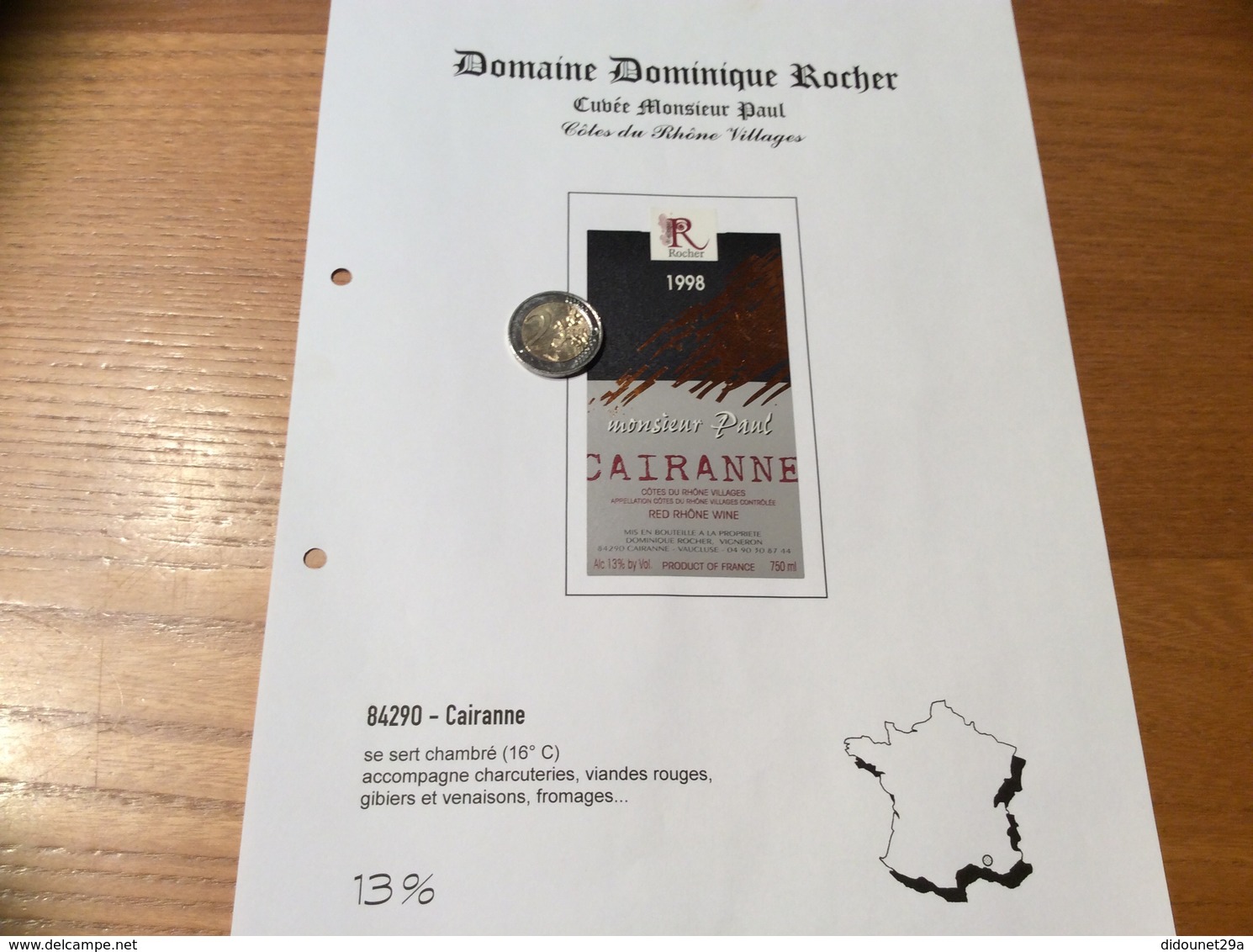 Etiquette Vin 1998 «CÔTES-DU-RHÔNE VILLAGES - CAIRANNE - Monsieur Paul - Dominique ROCHER - Cairanne (84)» - Côtes Du Rhône