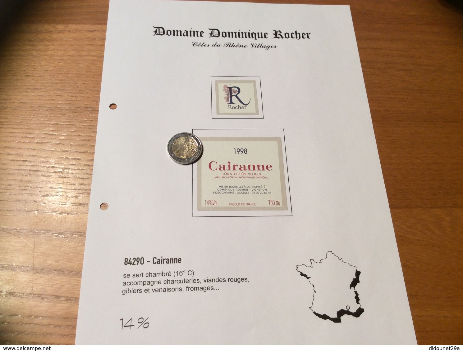 Etiquette Vin + Collerette 1998 «CÔTES-DU-RHÔNE VILLAGES - CAIRANNE - Dominique ROCHER - Cairanne (84)» - Côtes Du Rhône