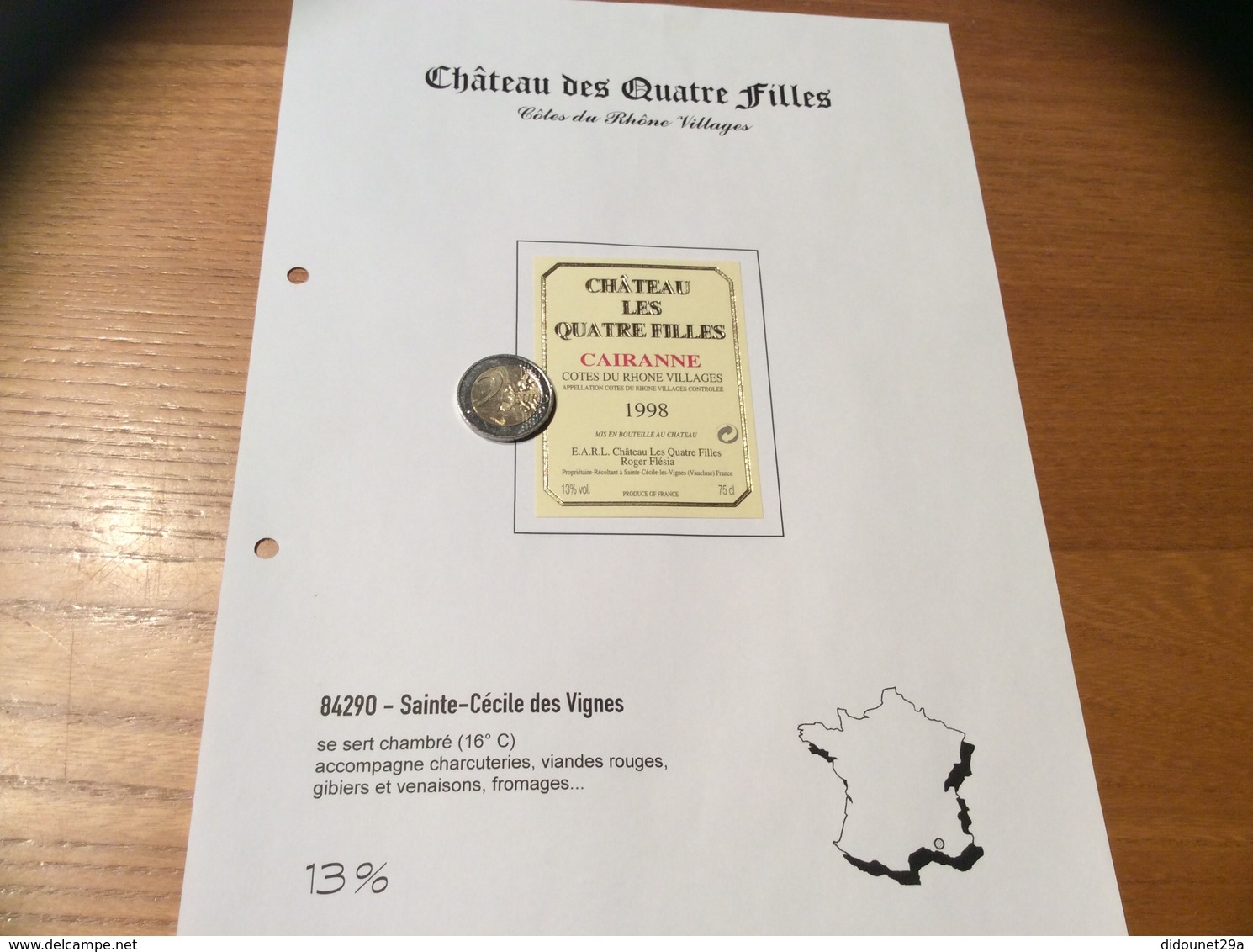 Etiquette Vin 1998«CÔTES-DU-RHÔNE VILLAGES -CAIRANNE -CHÂTEAU LES QUATRE FILLES- R Flésia -Sainte-Cécile Les Vignes (84) - Côtes Du Rhône
