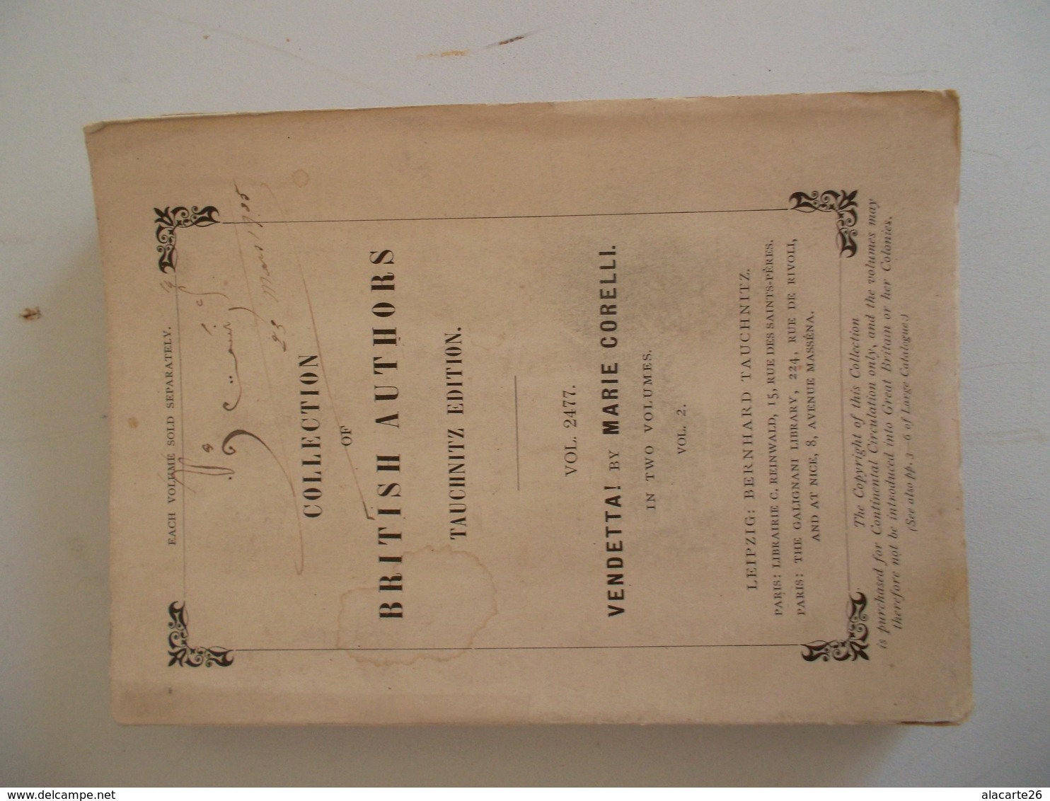 COLLECTION OF BRITISH AUTHORS TAUCHNITZ EDITION VOL.2477 VENDETTA! BY MARIE CORELLI VOL.2 - 1850-1899