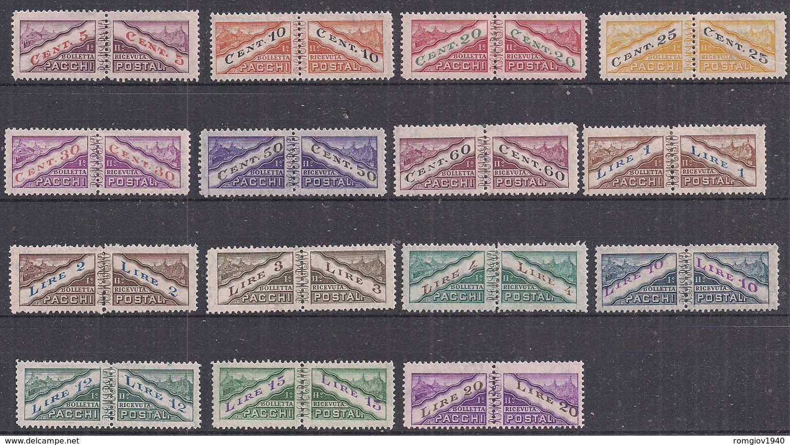 SAN MARINO 1945  PACCHI POSTALI  TIPI DEL 1928 DENTELLATI IN MEZZO SASS. 16-30 MNH XF - Parcel Post Stamps