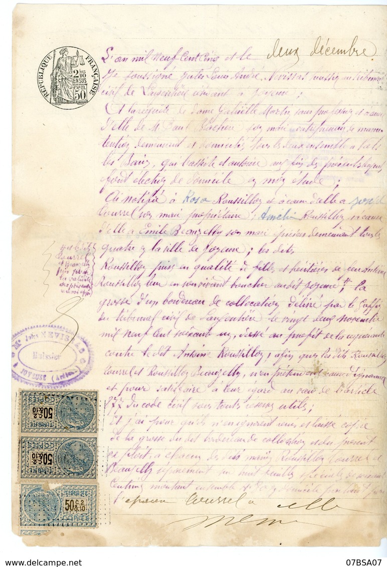 ARDECHE 1905 JOYEUSE TIMBRE FISCAL  SCAN RECTO ET VERSO - Documentos Históricos