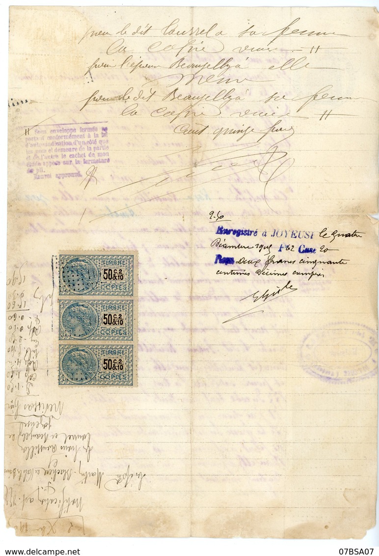 ARDECHE 1905 JOYEUSE TIMBRE FISCAL  SCAN RECTO ET VERSO - Documentos Históricos