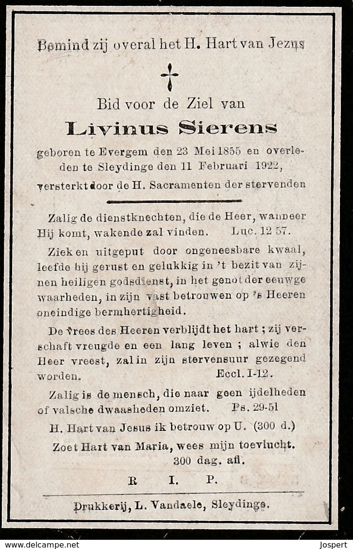 Sleidinge, Sleydinge,Evergem, 1922, Livinus Sierens, - Andachtsbilder