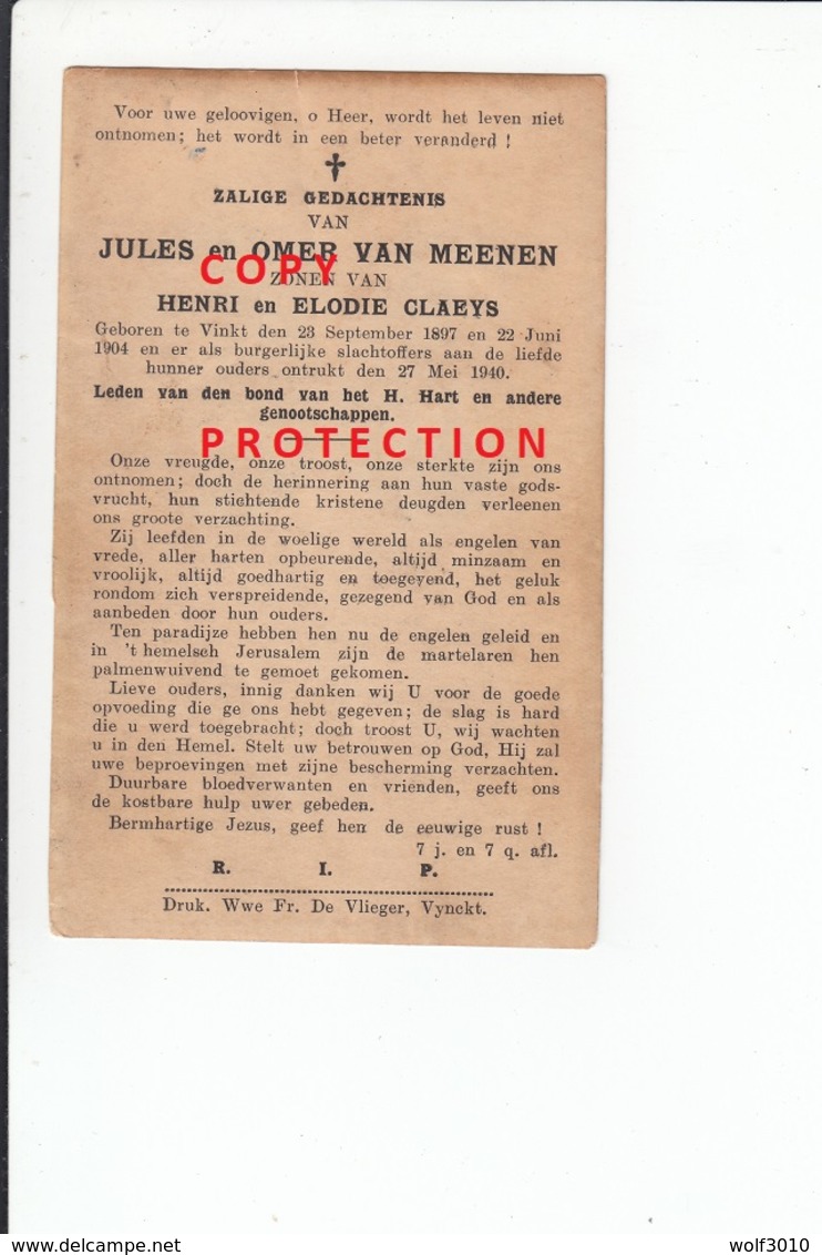 Oorlogsslachtoffer 40-45, Jules En Omer Van Meenen - Vinkt , Burgerlijke Slachtoffers 27/05/1940 - Devotion Images