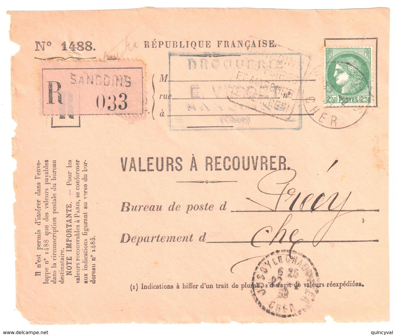 SANCOINS Cher Valeur à Recouvrer N° 1488 2,50 F Vert Cérès Yv 375 Ob 1939 Tf 17 11 1938 Ob Daguin Flamme Dest Précy - Cartas & Documentos