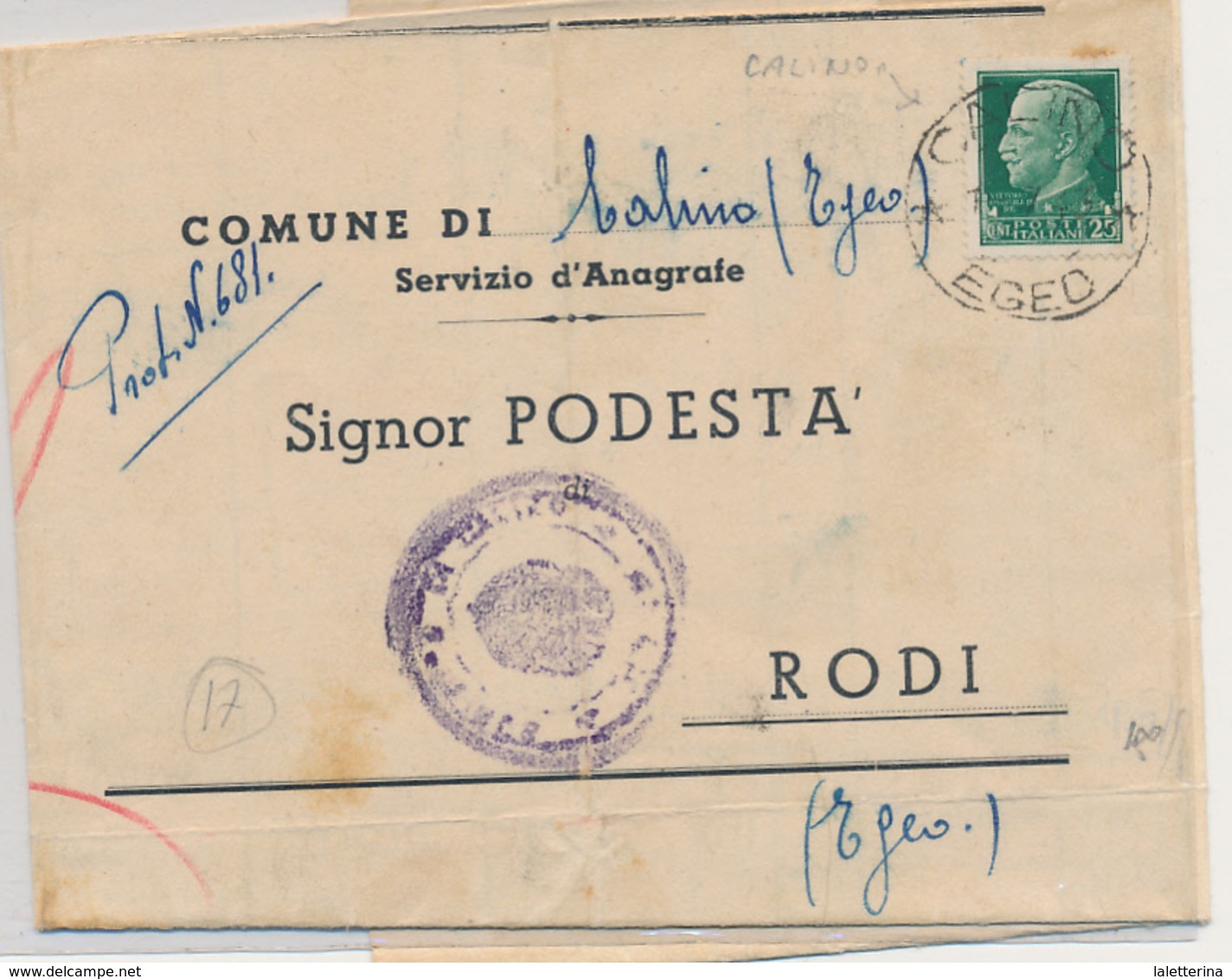 1943   EGEO CALINO EGEO X RODI 0,25 LETTERA TRA SINDACI CON TESTO : RARA - Egeo