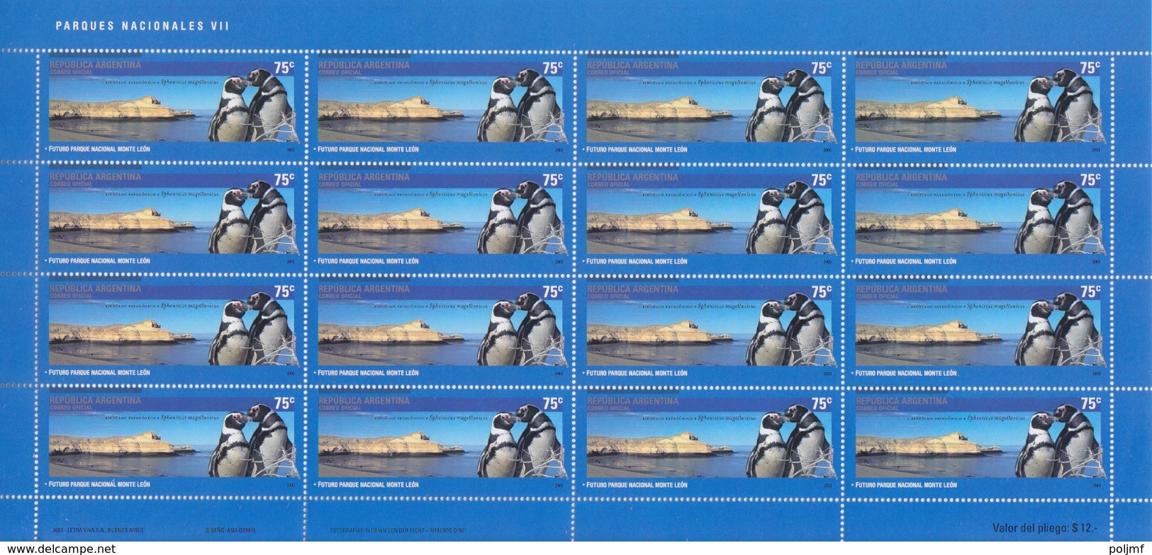 Argentine, Feuilles Complètes De 16 TP Des N° 2366 à 2370 (parcs Nationaux, Guanaco, Manchot De Magellan...), Neuf ** - Unused Stamps
