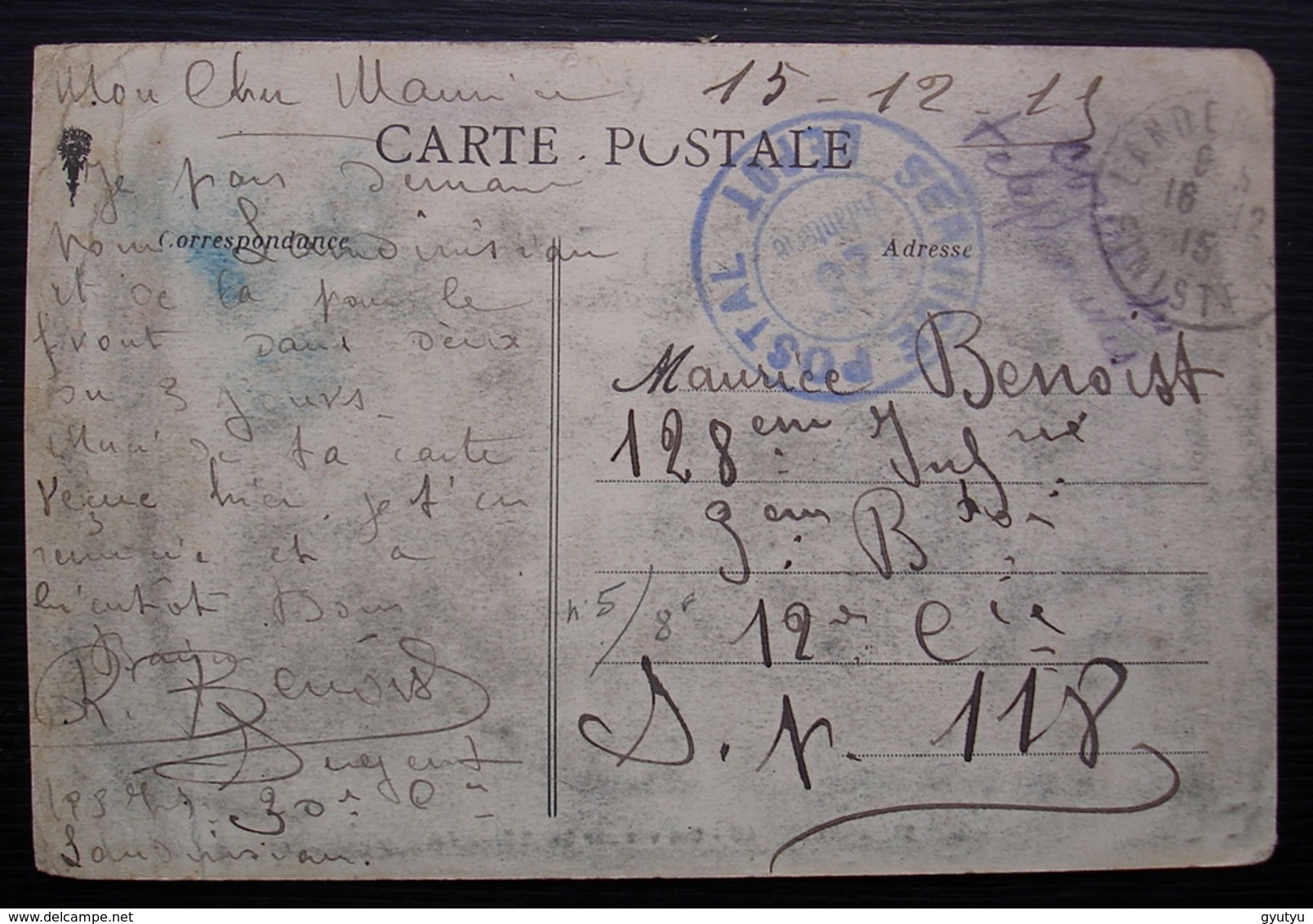 Landerneau 1915 128eme Régiment D'infanterie Service Postal Dépôt, Carte Pour Le Secteur 118 - Guerre De 1914-18