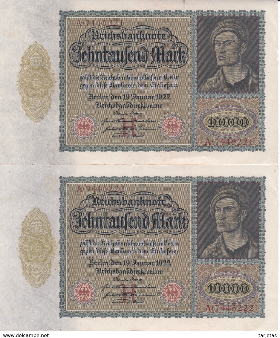 PAREJA CORRELATIVA DE ALEMANIA DE 10000 MARK DEL AÑO 1922  (BANKNOTE) - 10.000 Mark