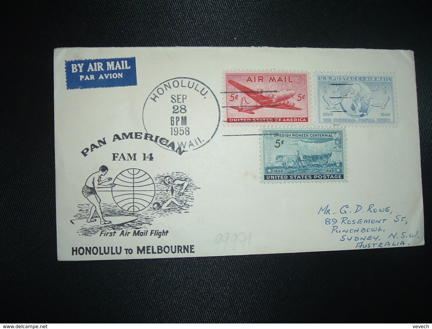 LETTRE TP AVION 5c + 15c + 5c OBL.MEC. SEP 28 1958 HONOLULU HAWAII PAN AMERICAN 1ère LIAISON HONOLULU To MELBOURNE - Other & Unclassified
