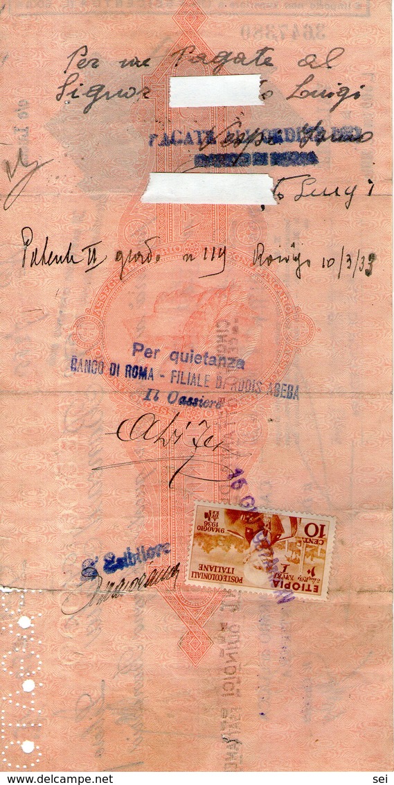 B 3322 - Assegno Banca D'Italia 1937, Pontedera, Addis Abeba - Assegni & Assegni Di Viaggio