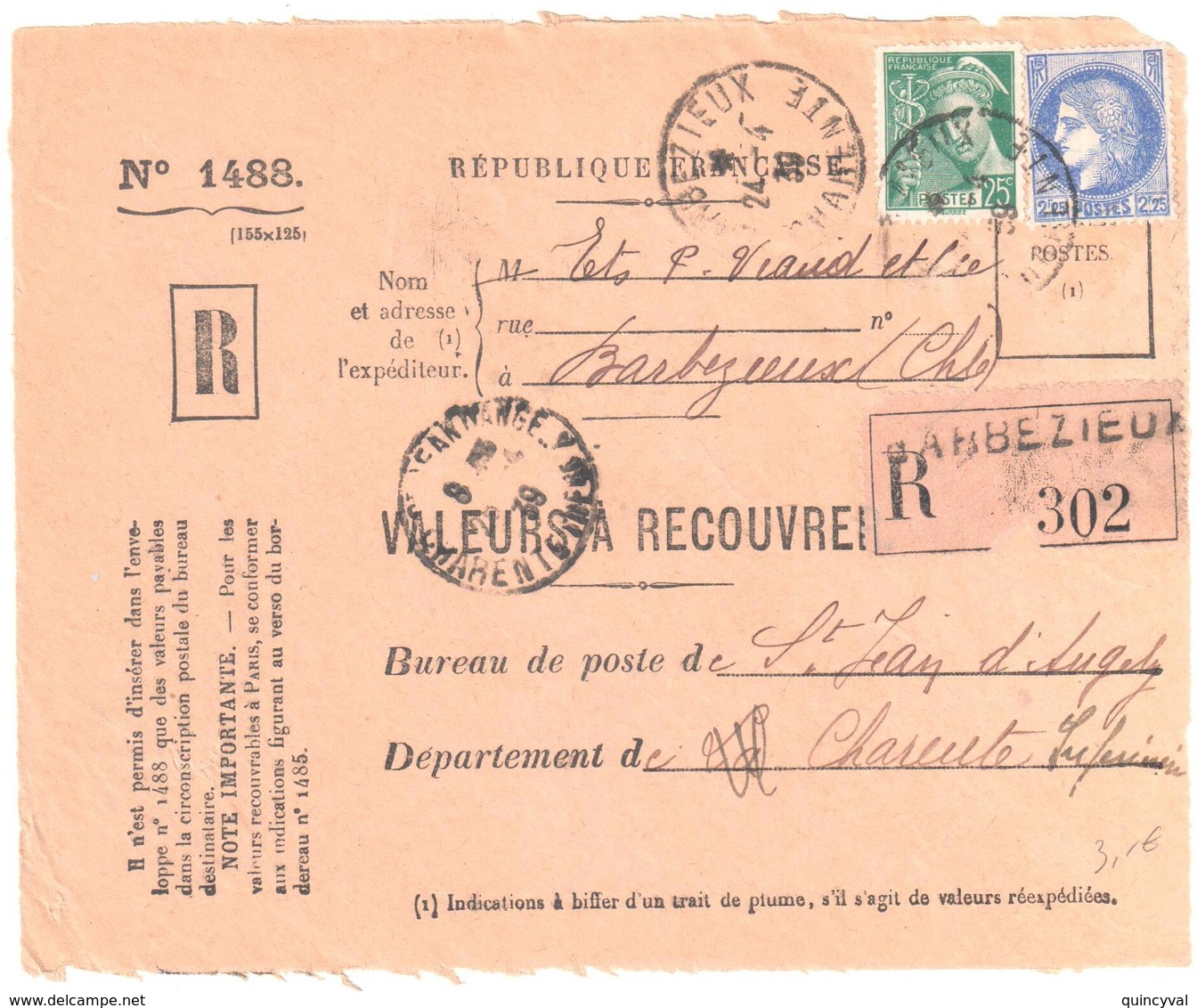 BARBEZIEUX Charente Inf Valeur à Recouvrer Reco 1488 2,25 F Cérés 25c Mercure 25c Yv 375 411 Ob 1939 - Cartas & Documentos