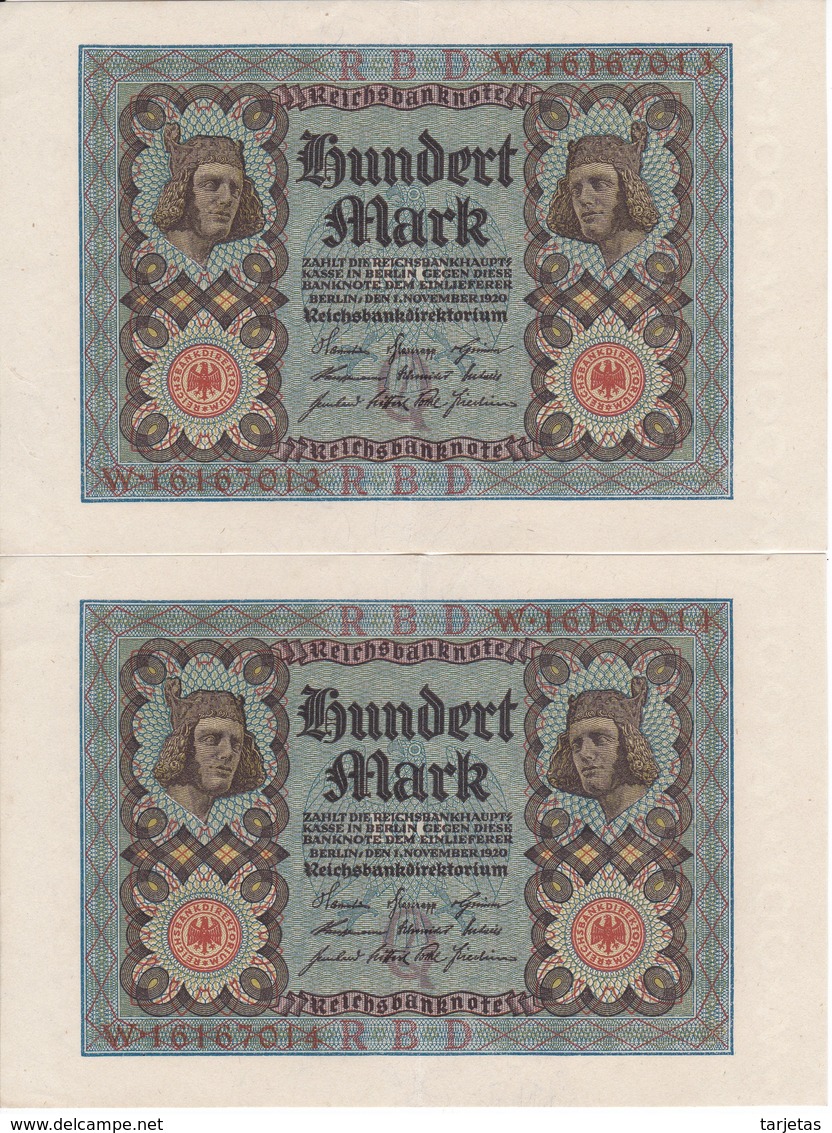 PAREJA CORRELATIVA DE ALEMANIA DE 100 MARK DEL AÑO 1920 EN CALIDAD EBC (XF)  (BANKNOTE) - 100 Mark