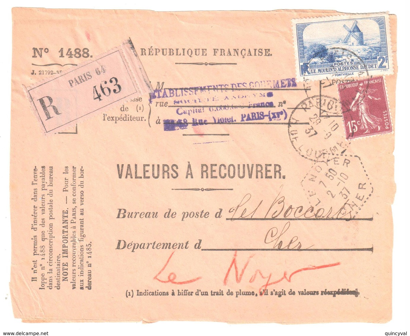 PARIS 64 Valeur à Recouvrer N° 1488 Daudet Semeuse 15 C Yv 311 189 Ob 1937 Dest Le Noyer Cher Hexagone Pointillé F4 - Cartas & Documentos