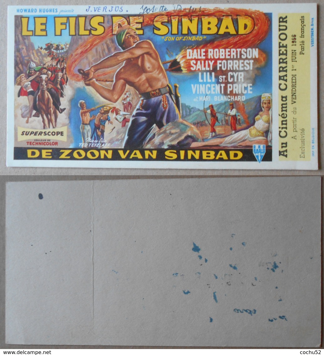 Cinéma Carrefour, Liège, 1956 - Buvard---Le Fils De Sinbad (de Zoon Van Sinbad), 18 Cm X 9,5 Cm - Autres & Non Classés