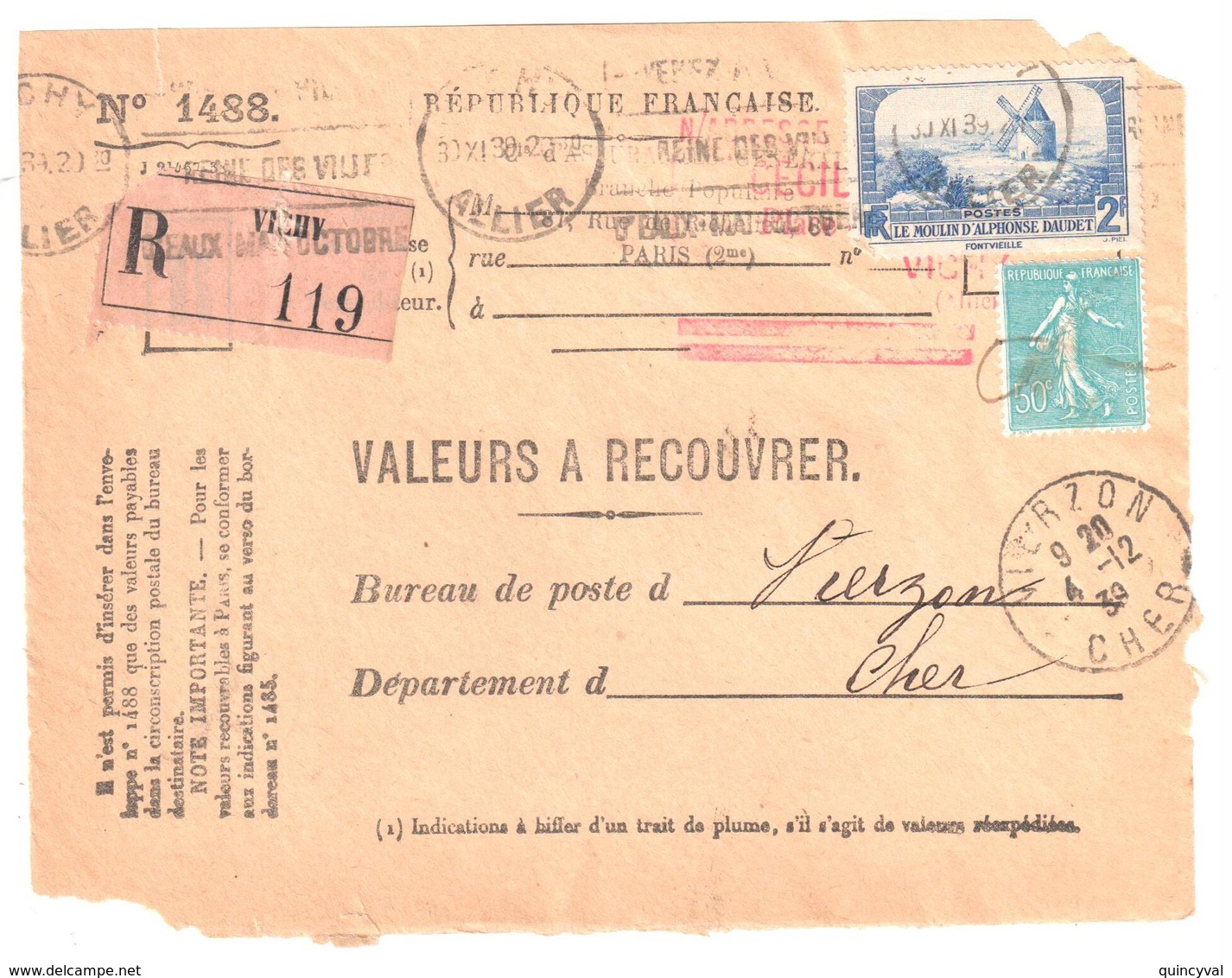 VICHY Allier Valeur à Recouvrer N° 1488 Daudet Semeuse 50 C Yv 311 362 Ob 1939 Meca Krag Vic504 Dest Vierzon - Briefe U. Dokumente