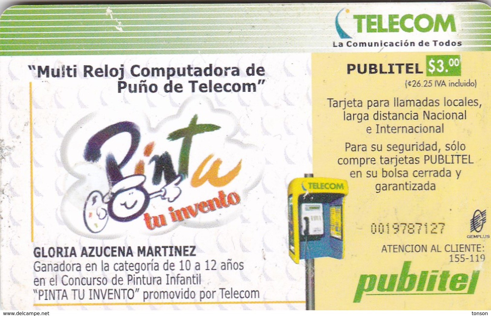 El Salvador, ELS-P-045a, Multi Reloj Computadora De Puño Telecom, 2 Scans.  Chip : GEM With Red Lines - Salvador