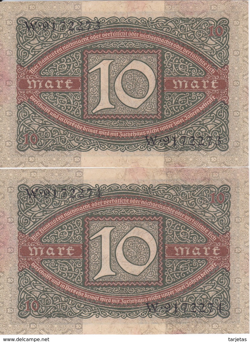 PAREJA CORRELATIVA DE ALEMANIA DE 10 MARCOS DEL AÑO 1920  (BANKNOTE) - 10 Mark