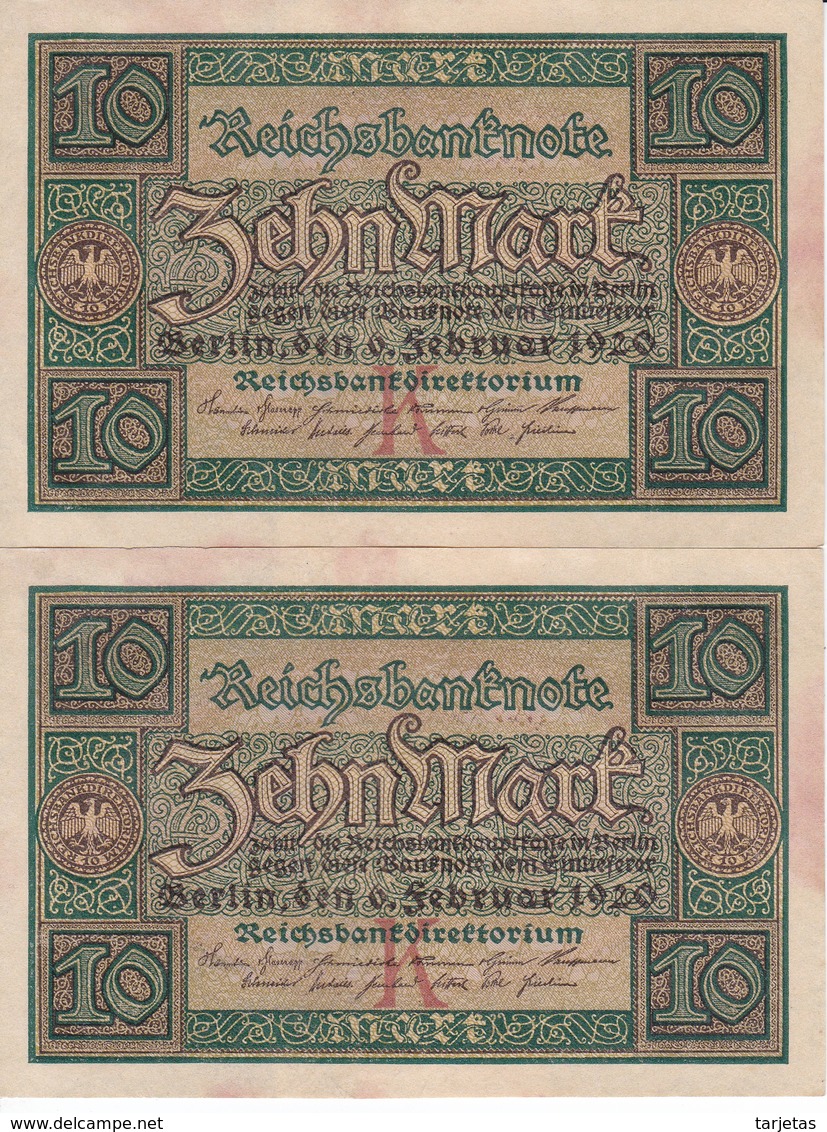 PAREJA CORRELATIVA DE ALEMANIA DE 10 MARCOS DEL AÑO 1920  (BANKNOTE) - 10 Mark