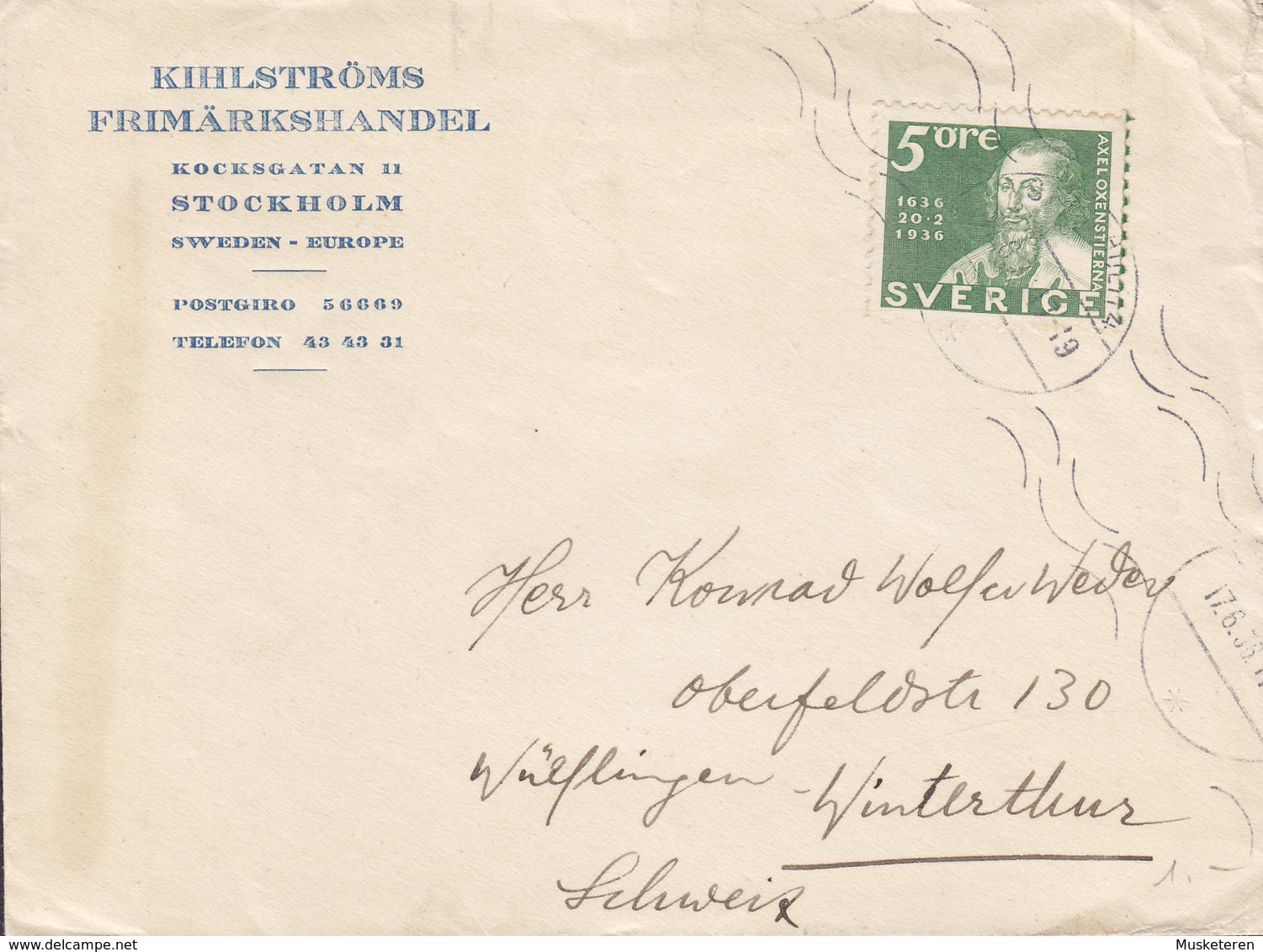 Sweden KIHLSTRÖMS FRIMÄRKSHANDEL, STOCKHOLM 1936 Cover Brief WINTERTHUR Schweiz ERROR Variety Oxenstierne !! - Variétés Et Curiosités