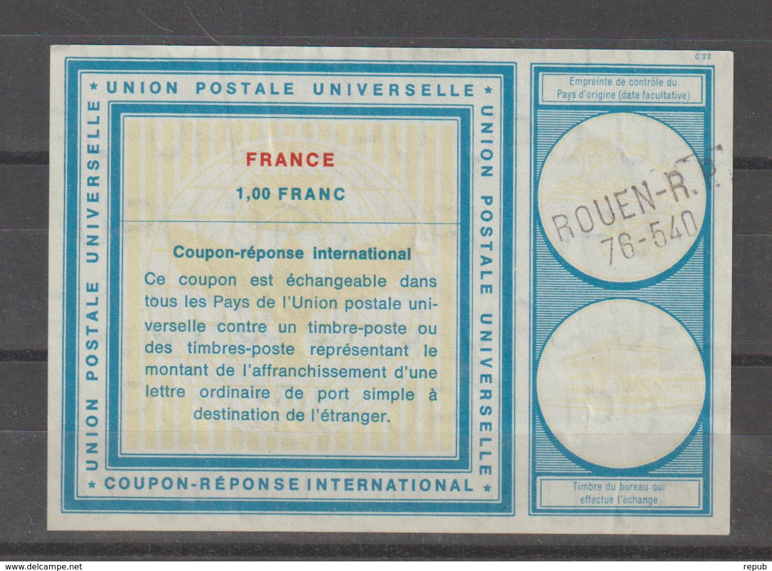 France Coupon Réponse 1,00 Franc Oblit. Rouen RP 76-540 - Coupons-réponse