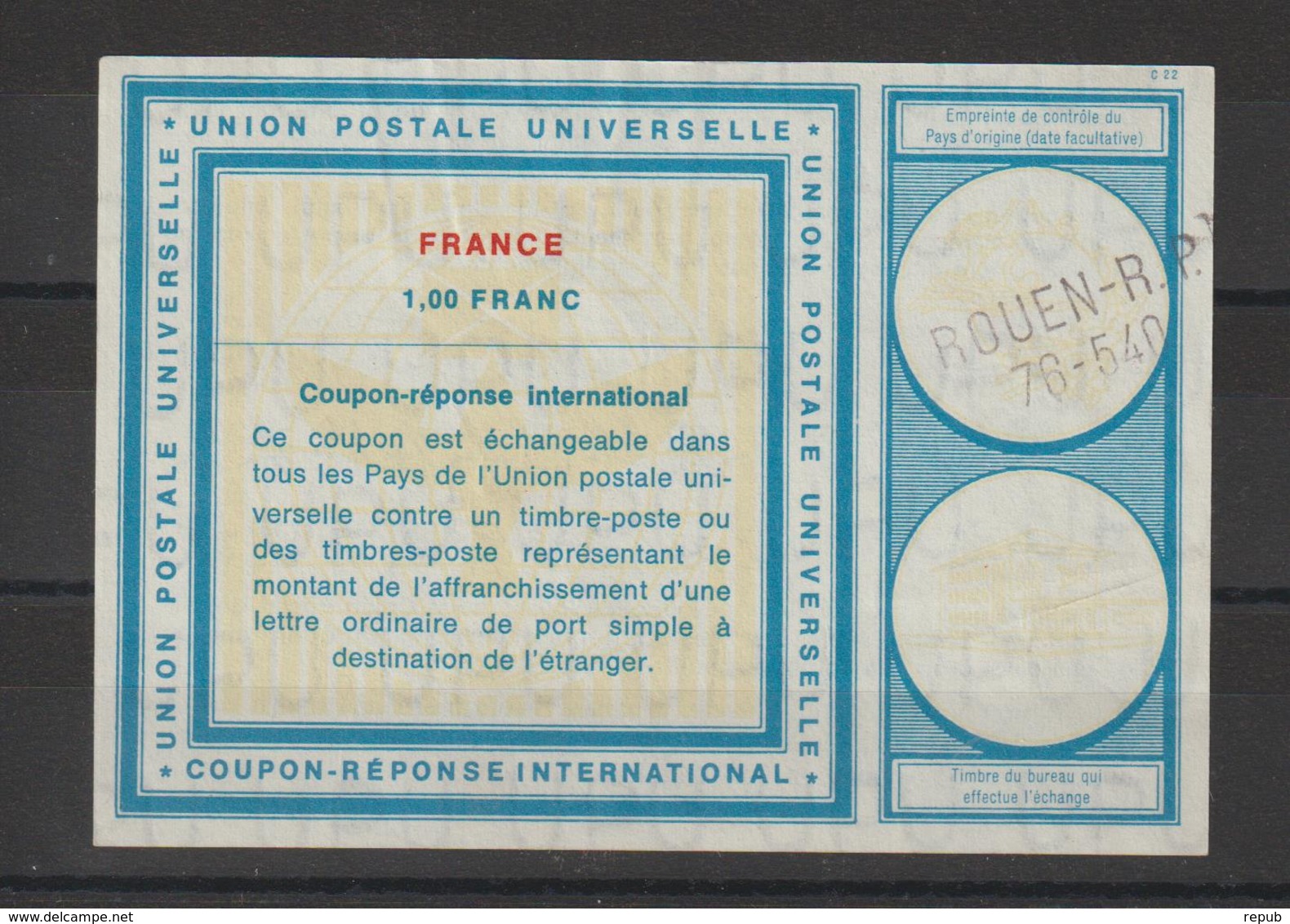 France Coupon Réponse 1,00 Franc Oblit. Rouen RP 76-540 - Antwortscheine