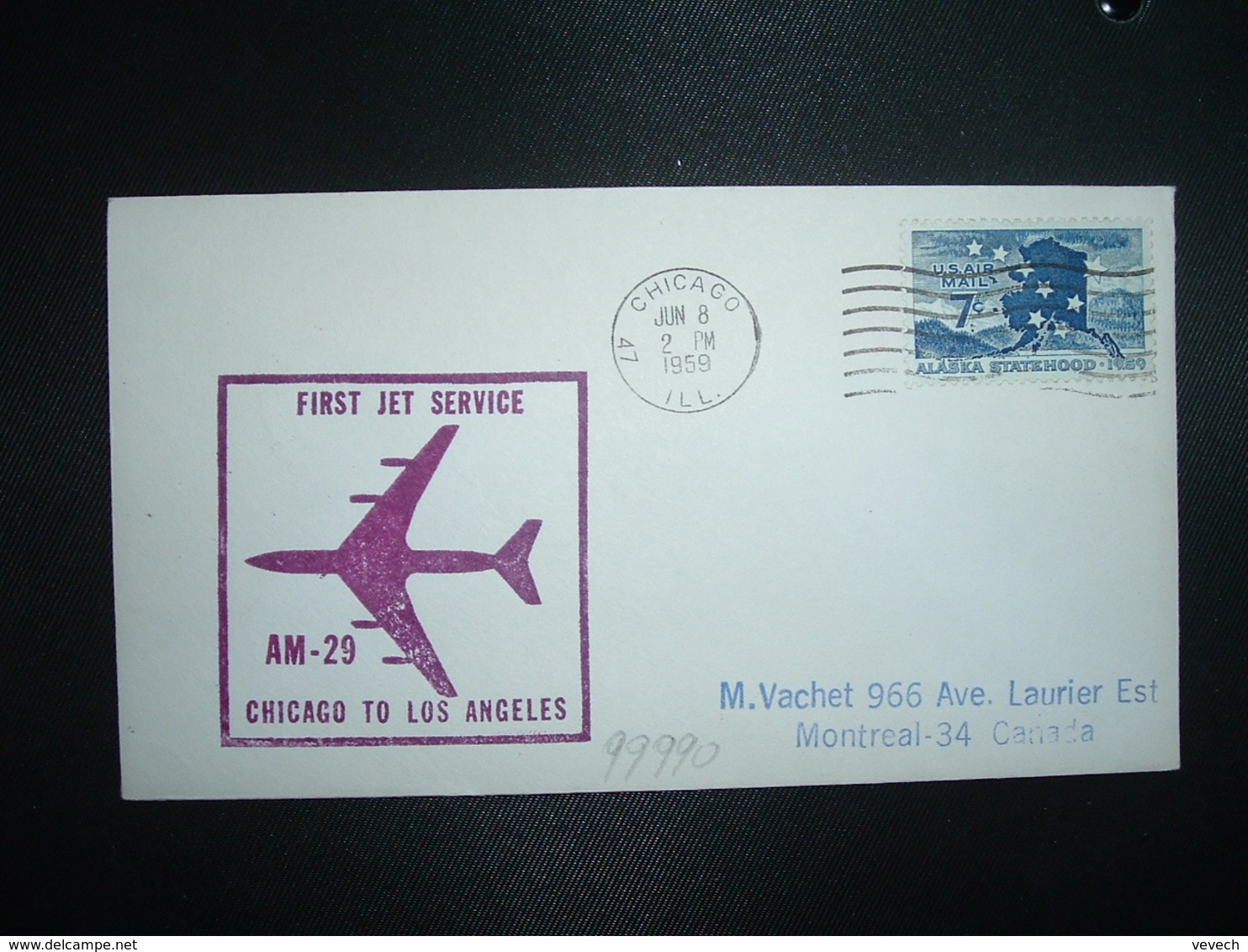 LETTRE TP ALASKA 7c OBL.MEC. JUN 8 1959 CHICAGO FIRST JET SERVICE AM-29 CHICAGO TO LOS ANGELES - Other & Unclassified