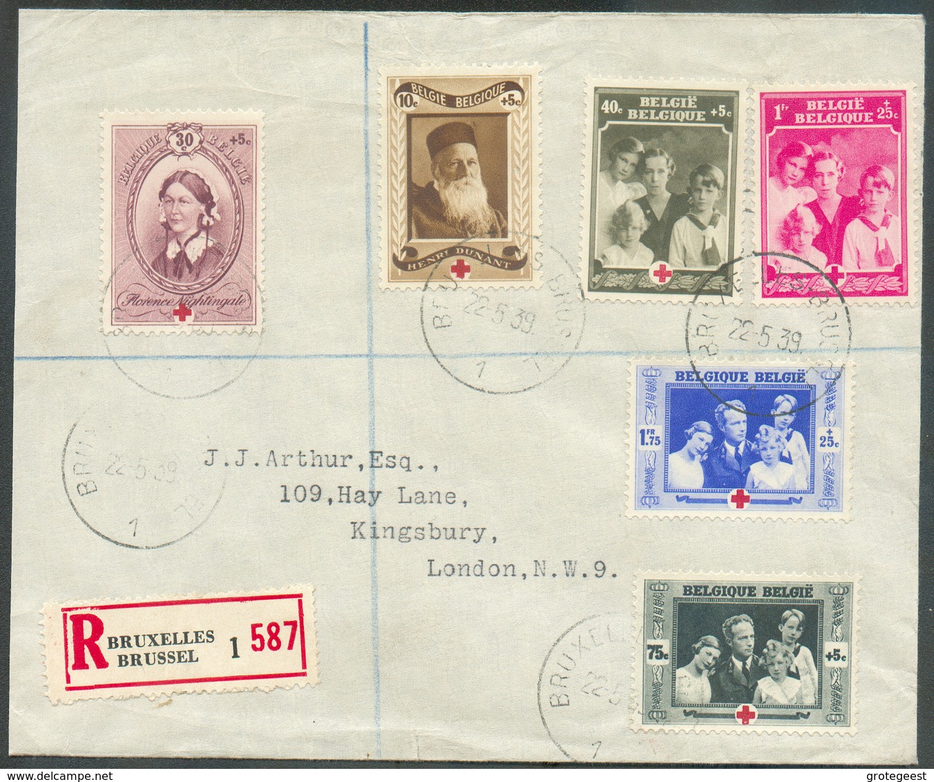 Série CROIX-ROUGE 1939 Obl. Sc BRUXELLES 1 Sur Lettre Recommandée Du 22-5-1939 Vers Londres - 15487 - Lettres & Documents