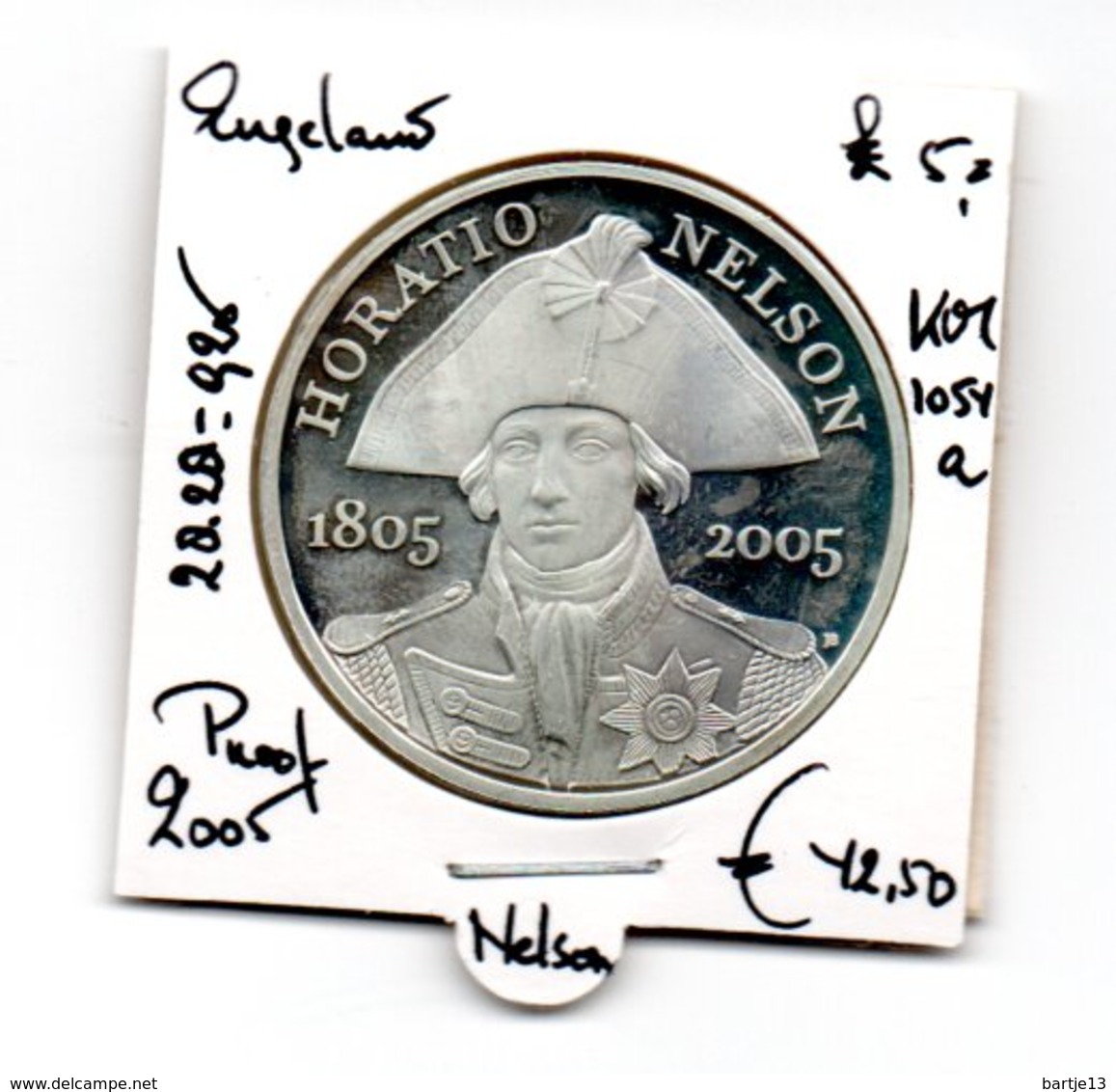 ENGELAND 5 POUND 2001 PROOF ZILVER HORATIO NELSON - 5 Pounds