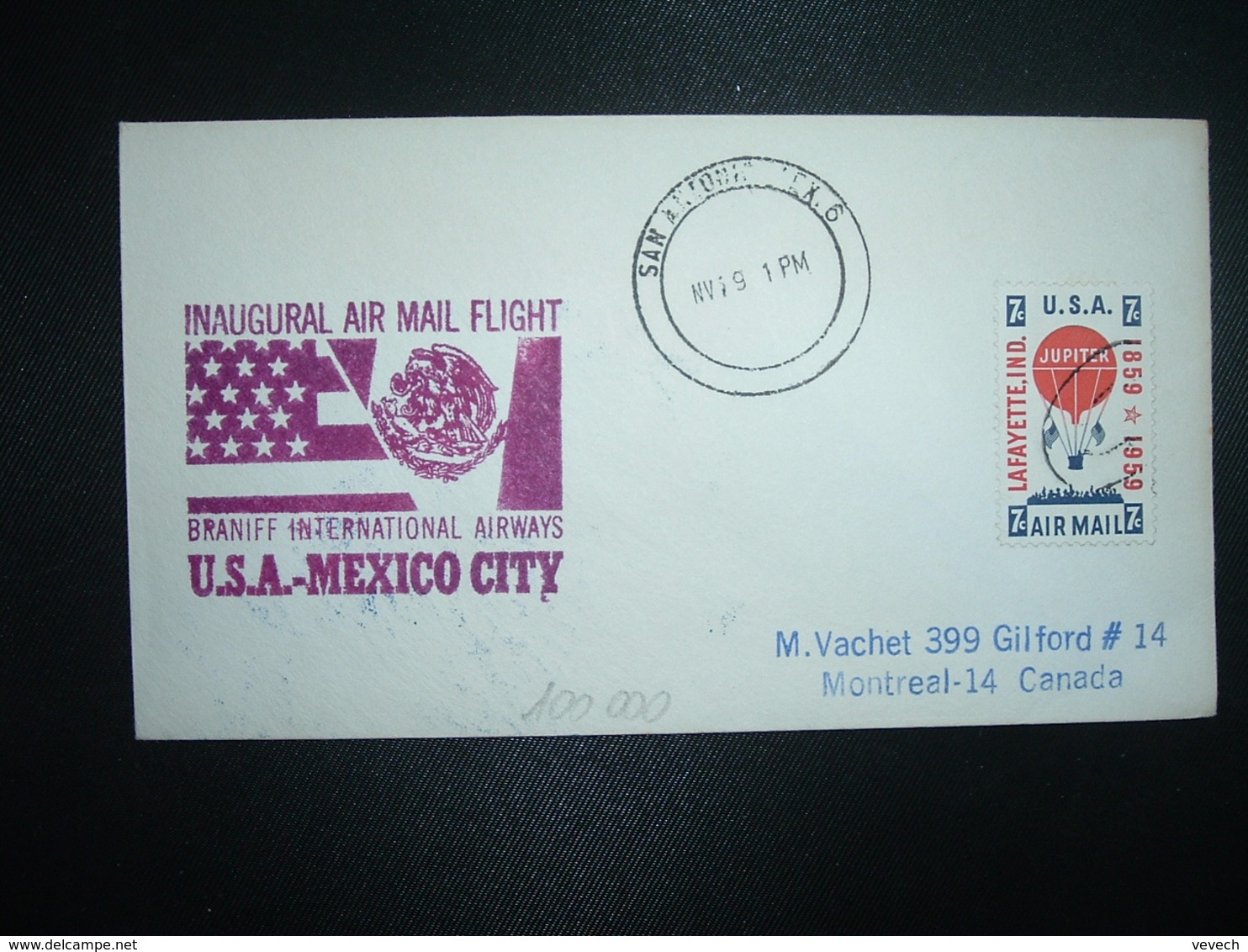 LETTRE TP JUPITER 7c OBL. + NV 59 1 PM SAN ANTONIO INAUGURAL AIR MAIL FLIGHT BRANIFF INT AIRWAYS USA MEXICO CITY - Autres & Non Classés