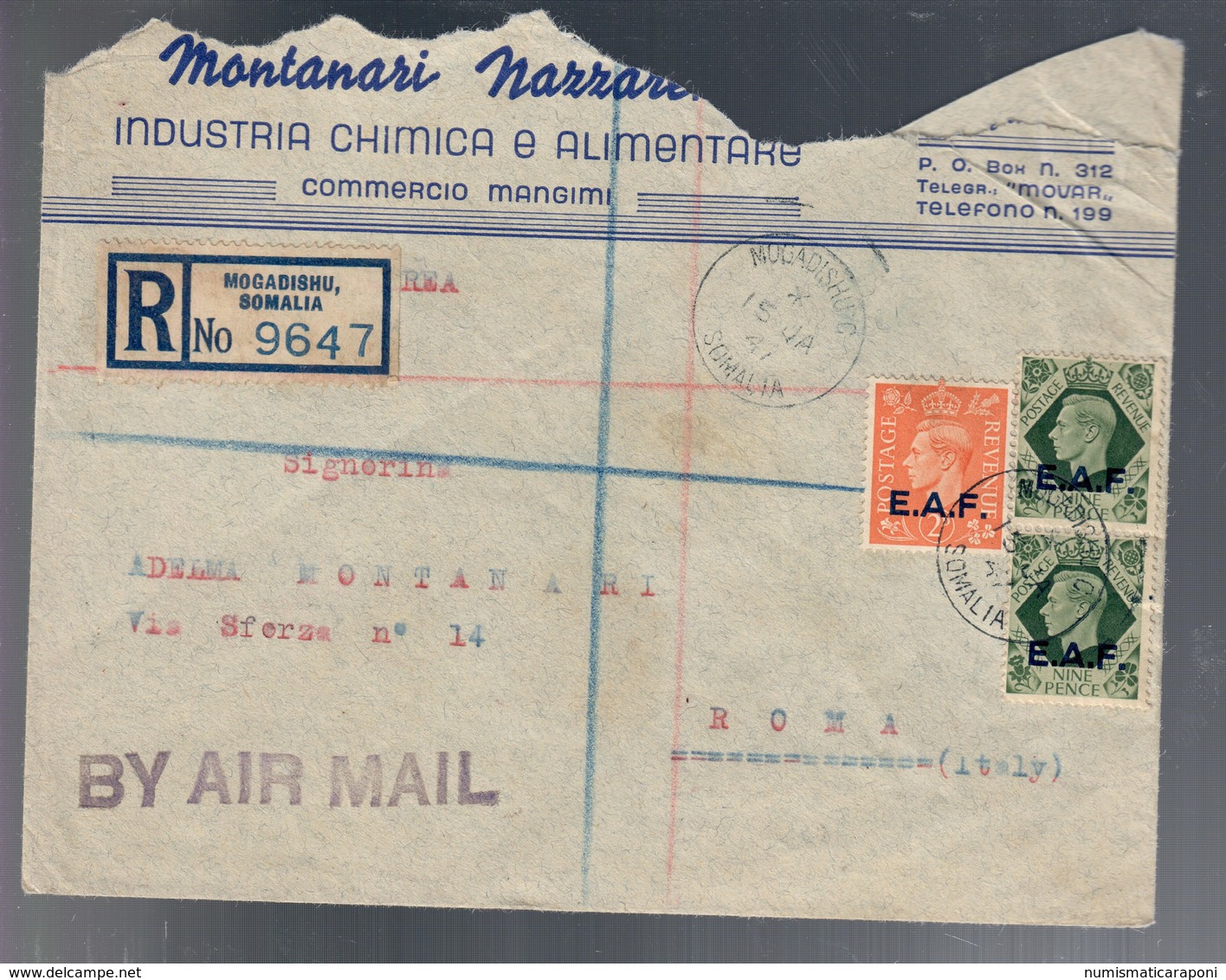 E.A.F. EAF Raccomandara Registred Mail  Da Mogadishu 1947 COD.bu.353 - Anglo-american Occ.: Sicily
