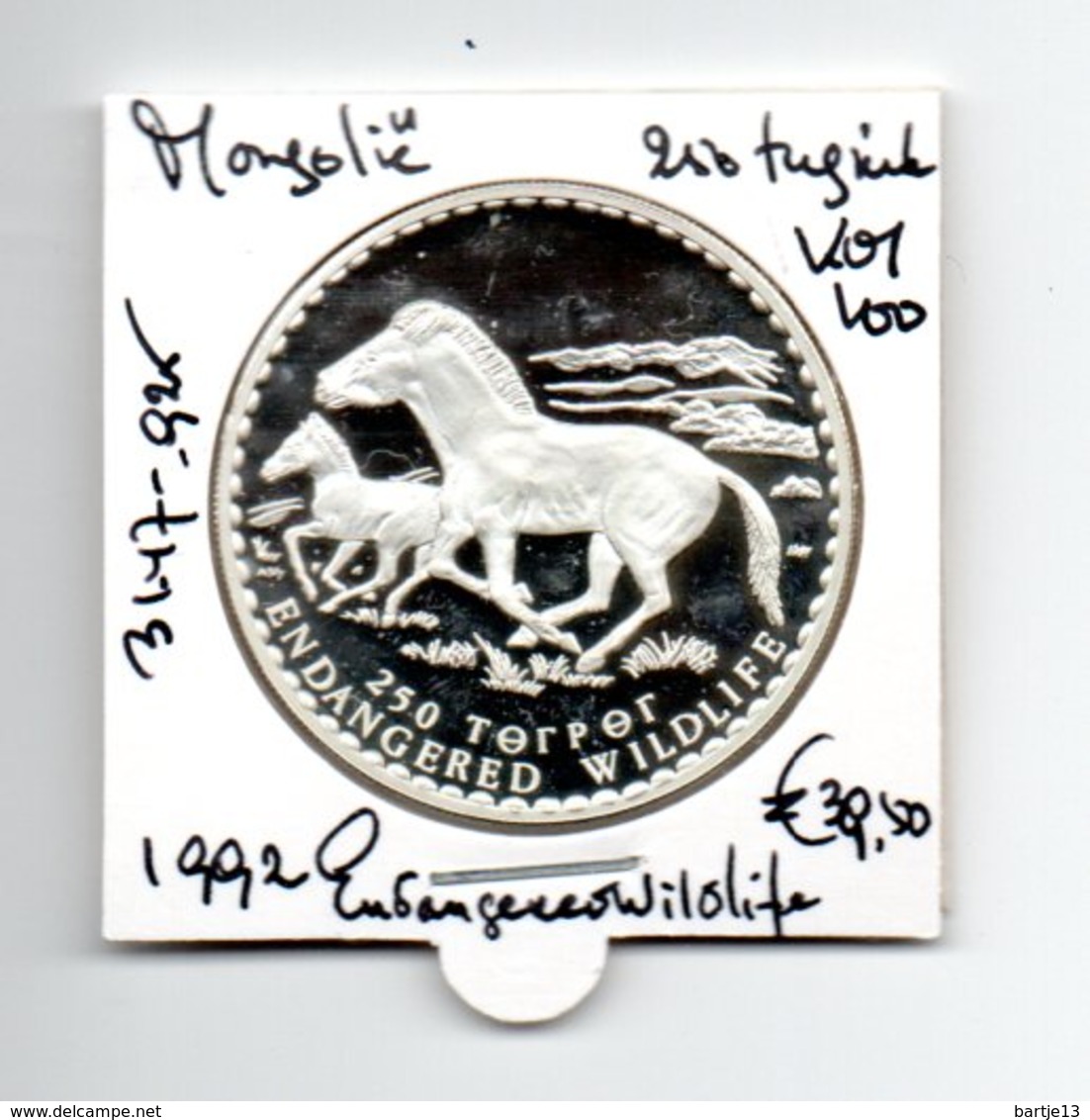 MONGOLIE 250 TUGRIK 1992 ZILVER PROOF ENDANGERED WILDLIFE HORSES - Mongolië