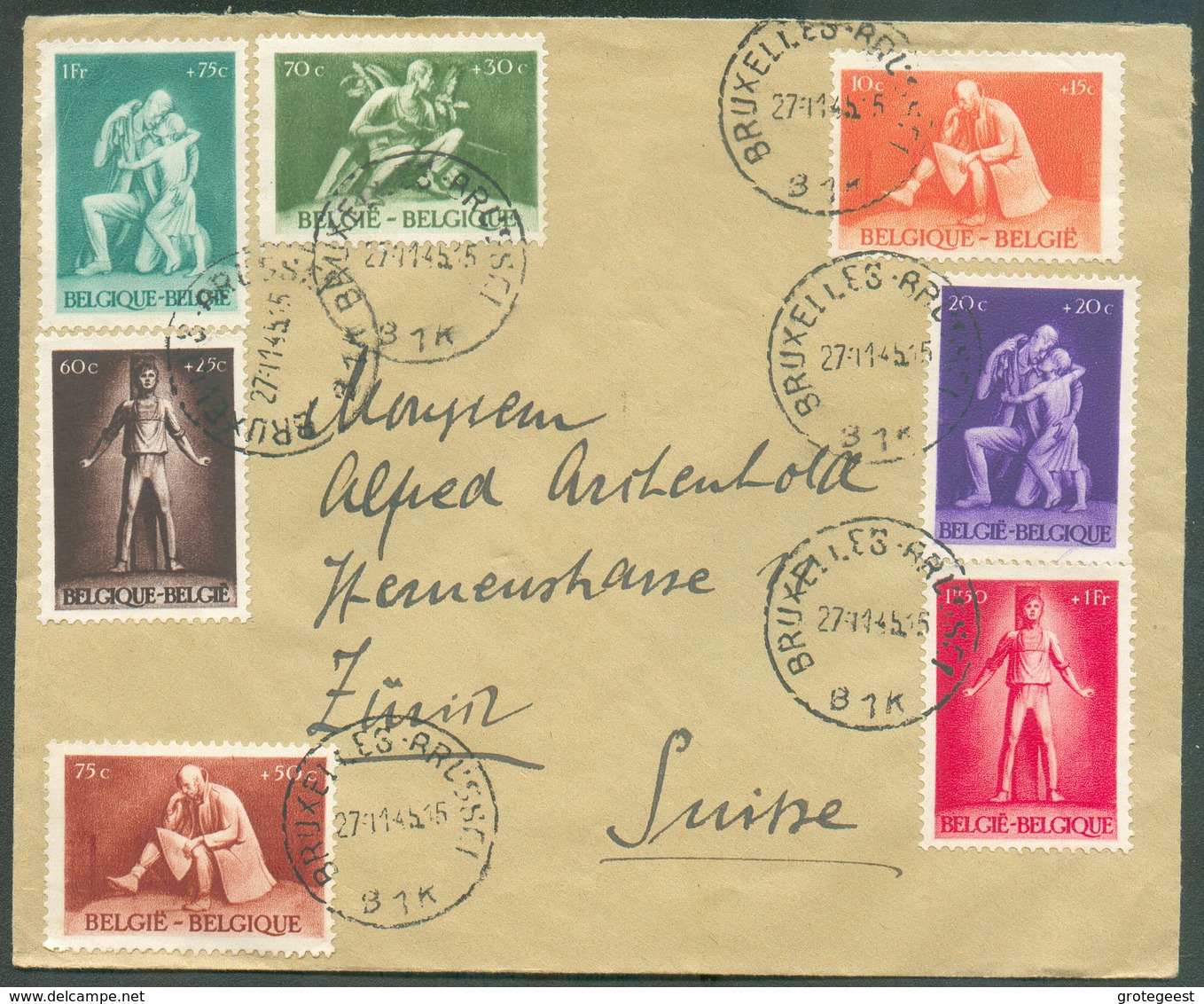 Série Resistants Obl. Sc BRUXELLES 1 Sur Lettre Du 27-11-1945 Vers Zürich (CH).  Superbe -  - 15489 - Briefe U. Dokumente