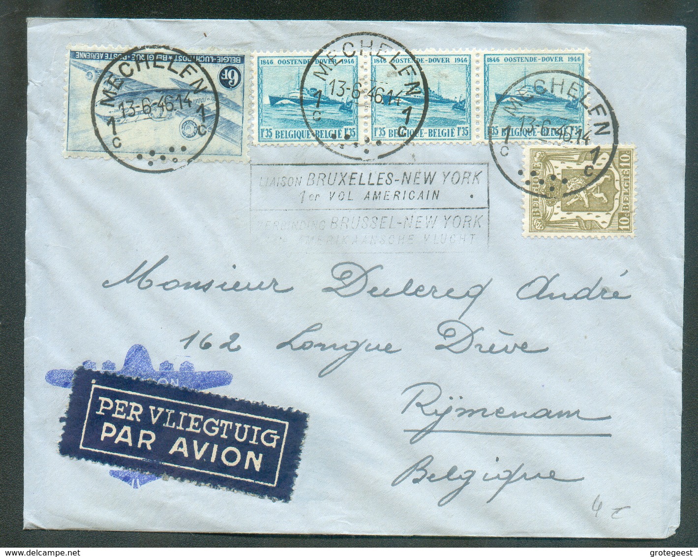 Lettre Par Avion Affr. Ostende-Douvres/Douglas/Lion à 10Fr15 Obl. Sc MECHELEN 1 Du 13-6-1946 Vers Rijmenam + Griffe LIAI - Other & Unclassified