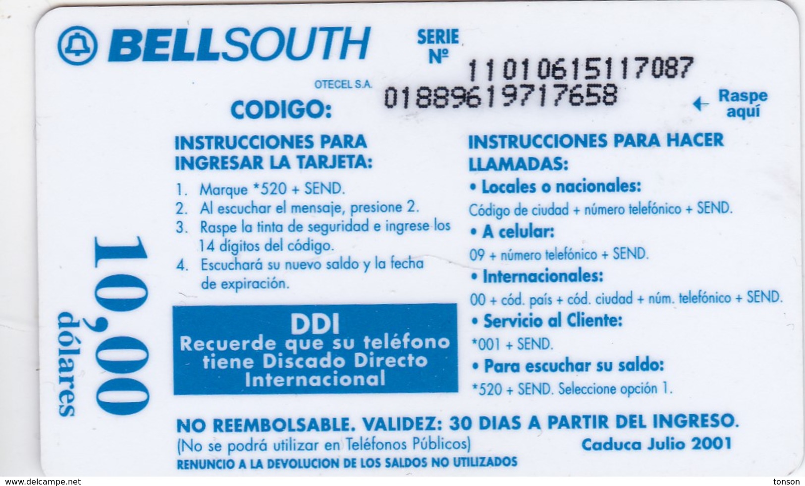 Ecuador, EC-BSP-?, 10 Dólares Back Julio 2001, 2 Scans.     NB : No $10 Cards In Colnect Catalogues - Ecuador