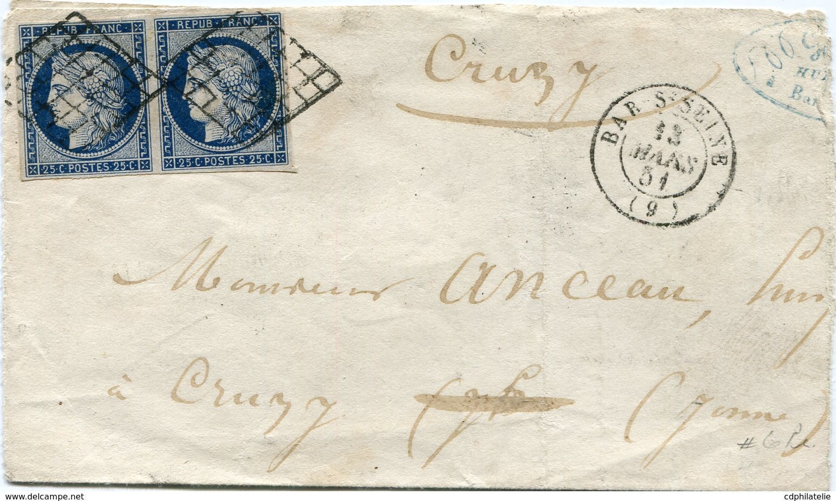 FRANCE LETTRE AFFRANCHIE AVEC UNE PAIRE DU N°4 OBL GRILLE DEPART BAR-S-SEINE 13 MARS 51 POUR LA FRANCE - 1849-1876: Classic Period