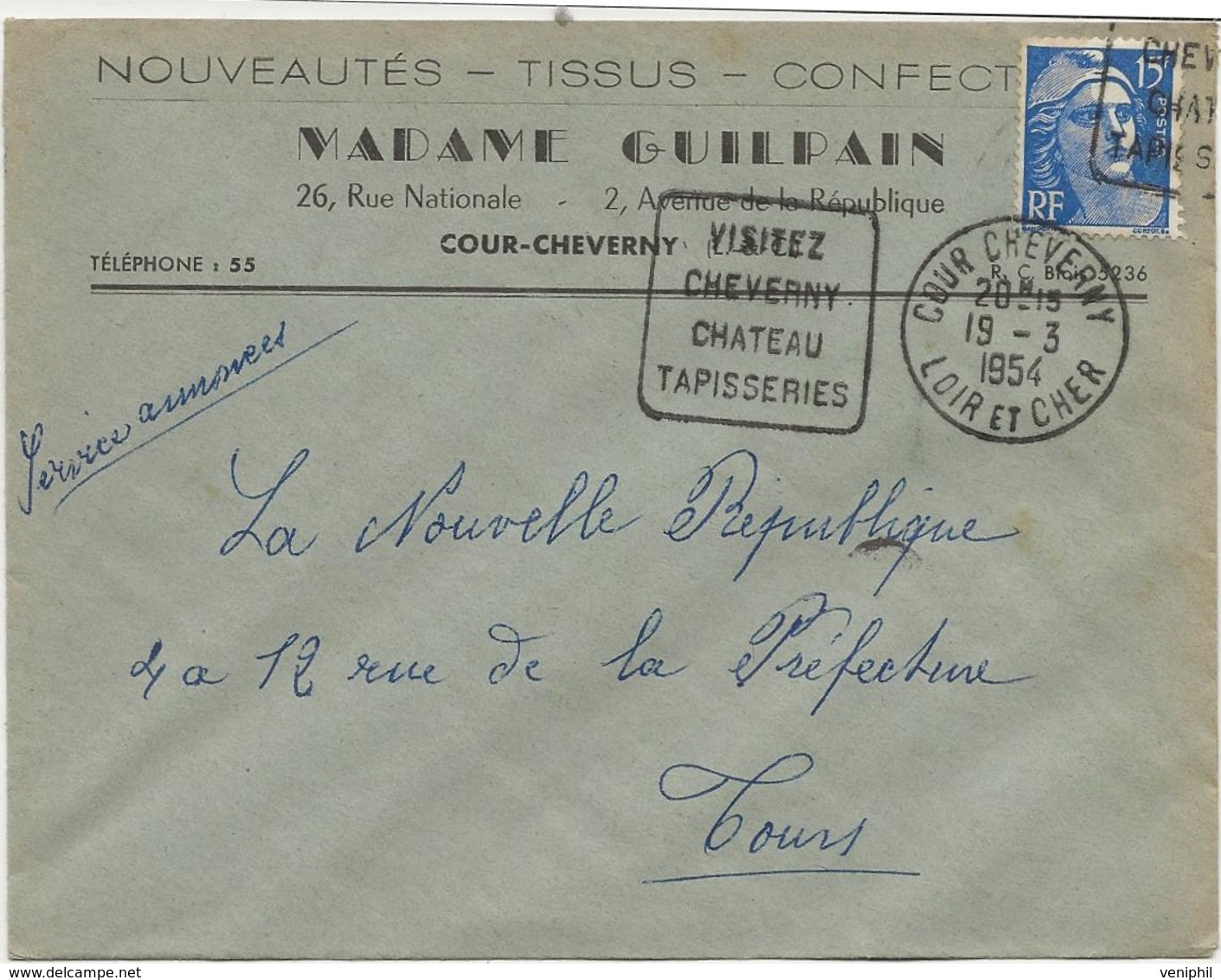 LETTRE OBLITERATION DAGUIN - COUR CHEVERNY -LOIR ET CHER - VISITEZ CHEVERNY CHATEAU -TAPISSERIES-1954 - Mechanical Postmarks (Other)