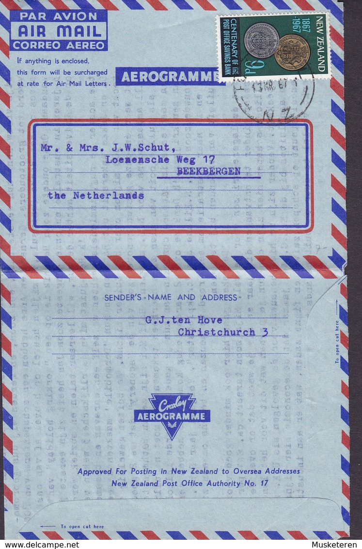 New Zealand Air Mail CROXLEY Aerogramme CHRISTCHURCH 1967 BEEKBERGEN Netherlands Coins Münze Pieces Stamp - Corréo Aéreo