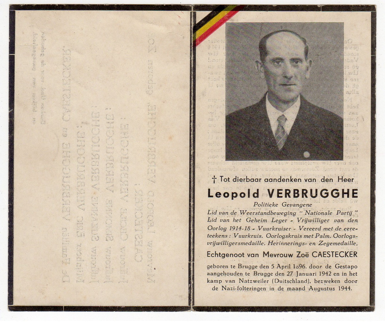 Bidprentje Oorlog Guerre War WOII Leopold VERBRUGGHE Brugge Weerstand Politieke Gevangene +08-1944 Natzweiler - Images Religieuses