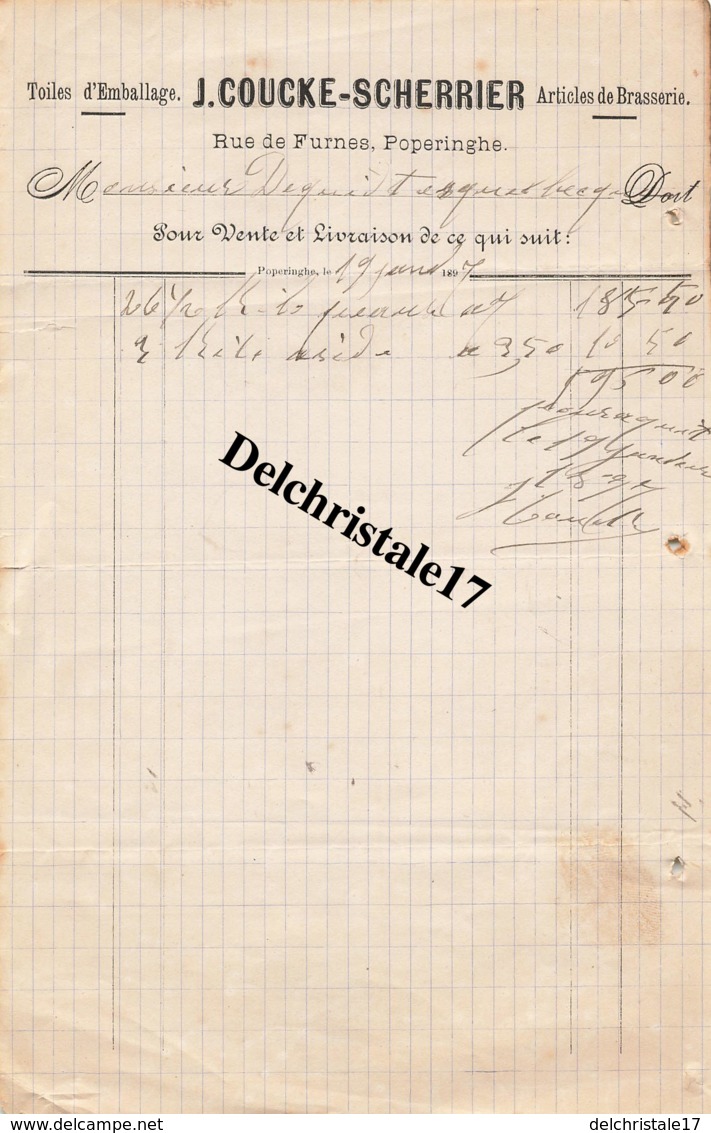 POPERINGHE (BELGIQUE) - 1897 -  TOILES D'EMBALLAGE ARTICLES DE BRASSERIE J. COUCKE-SCHERRIER RUE DE FURNES À. M. DEGUIDT - 1800 – 1899