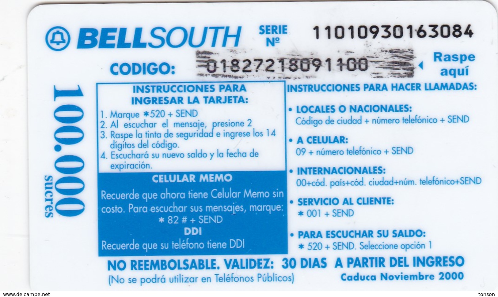 Ecuador, EC-BSP-103A, Oso De Anteojos, On Back: Caduca Noviembre 2000, 2 Scans. - Ecuador