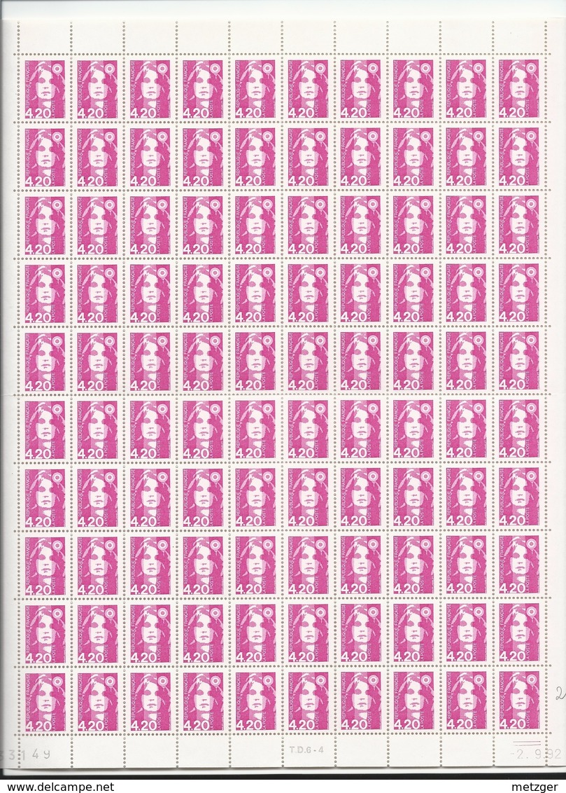 Feuille Complète De 100 Timbres Du N°2770 Marianne Du Bicentenaire 4f20 Rose. - Ganze Bögen